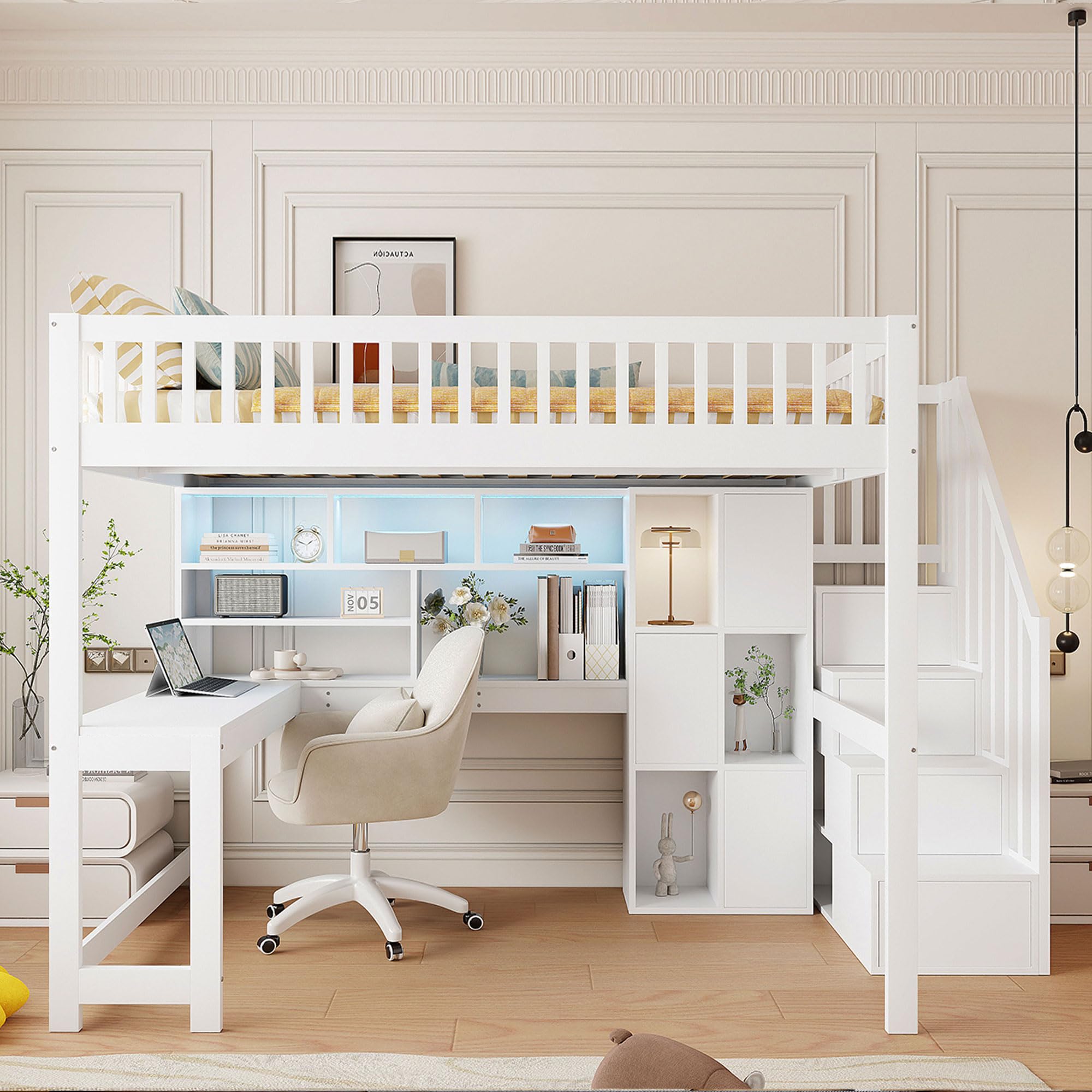 Moimhear Letto a soppalco, 140 x 200 cm, con luci a LED, scaletta ripiani, ripiani, scrivania, in legno di pino+MDF + Plywood, adatto per bambini e ragazzi (bianco)