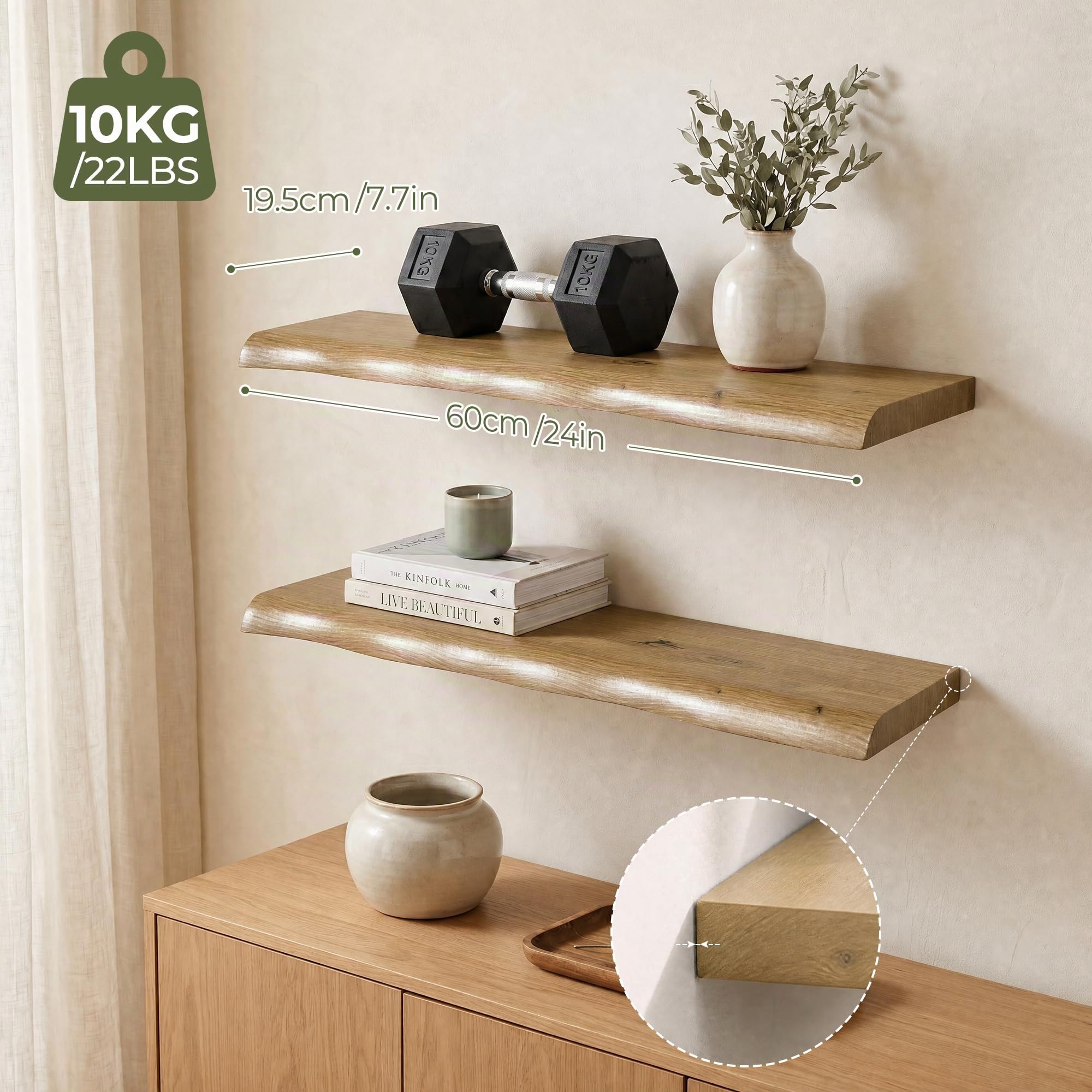 Afuly Mensole da Muro, Bordo Ondulato con Effetto Rovere, Set di 2, 60 cm | Supporti nascosti, per libri, piante, foto e decorazioni, soggiorno, camera e bagno, per esposizione e spazio contenitivo