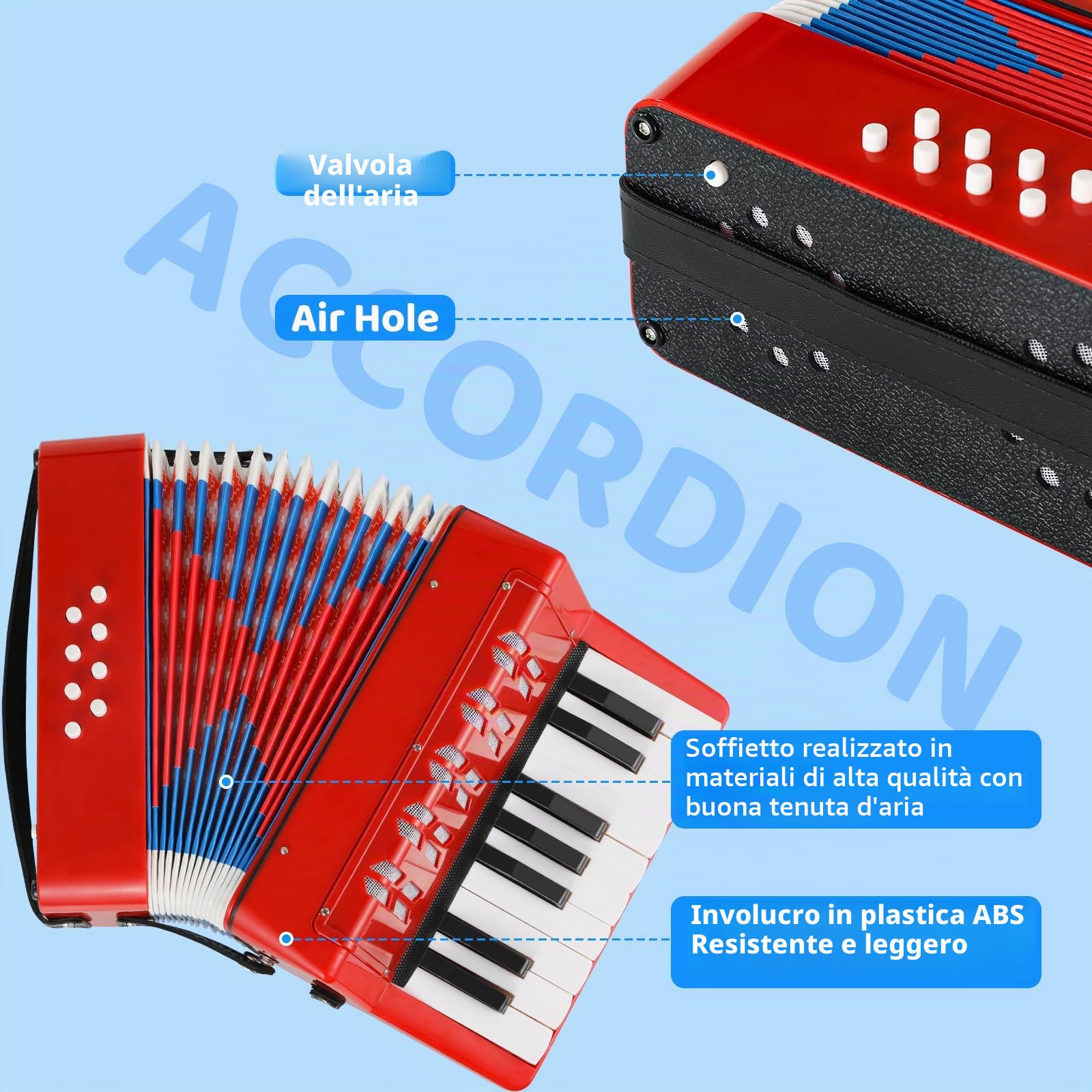 Fisarmonica per Bambini 17 Tasti 8 Bassi Pianoforte Organetto con Cinghie Regolabili Strumento Musicale per Principianti Rosso