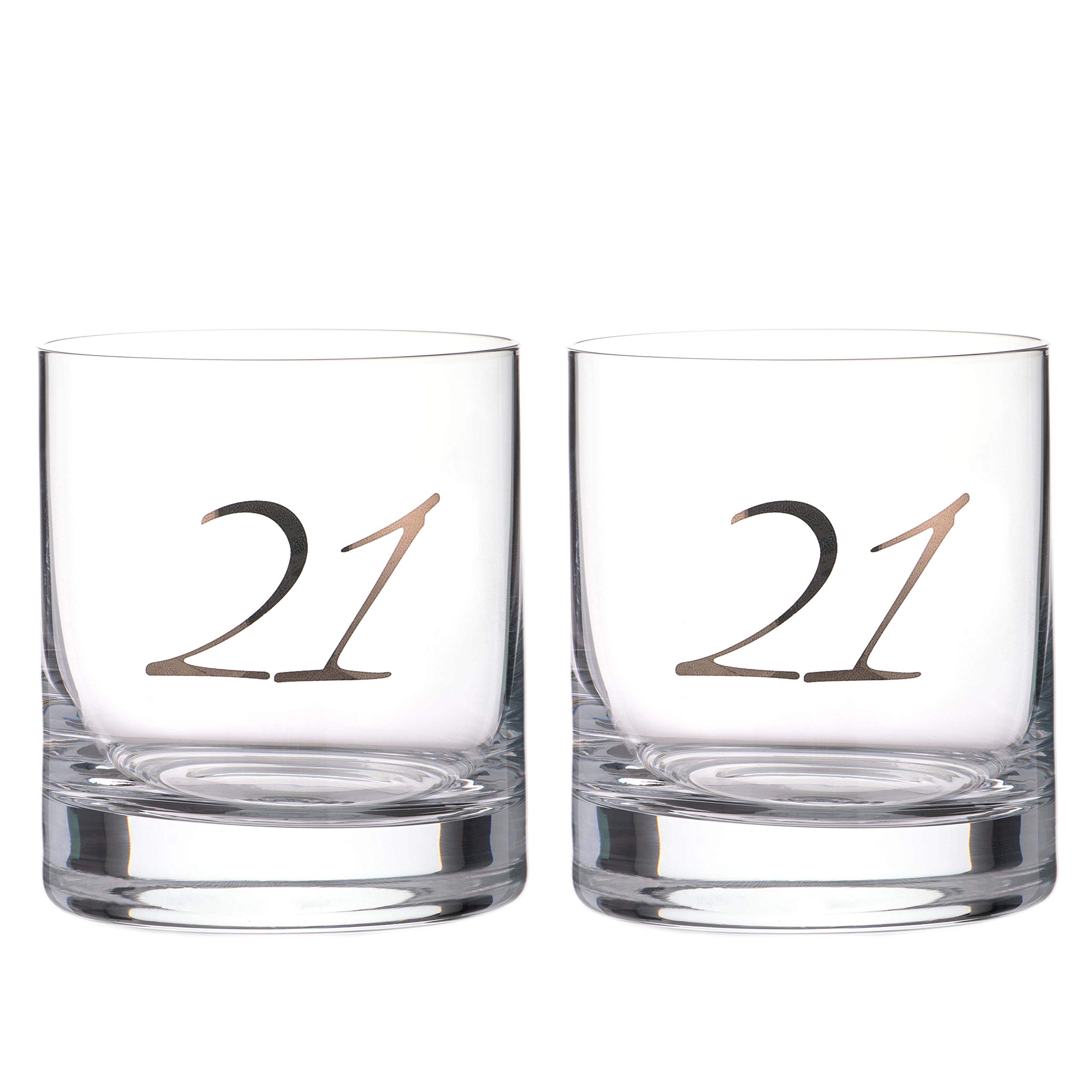 DIAMANTE "21st Birthday Whisky Tumblers – Pair of Crystal Short Glasses with Platinum Embossed 21 Lettering