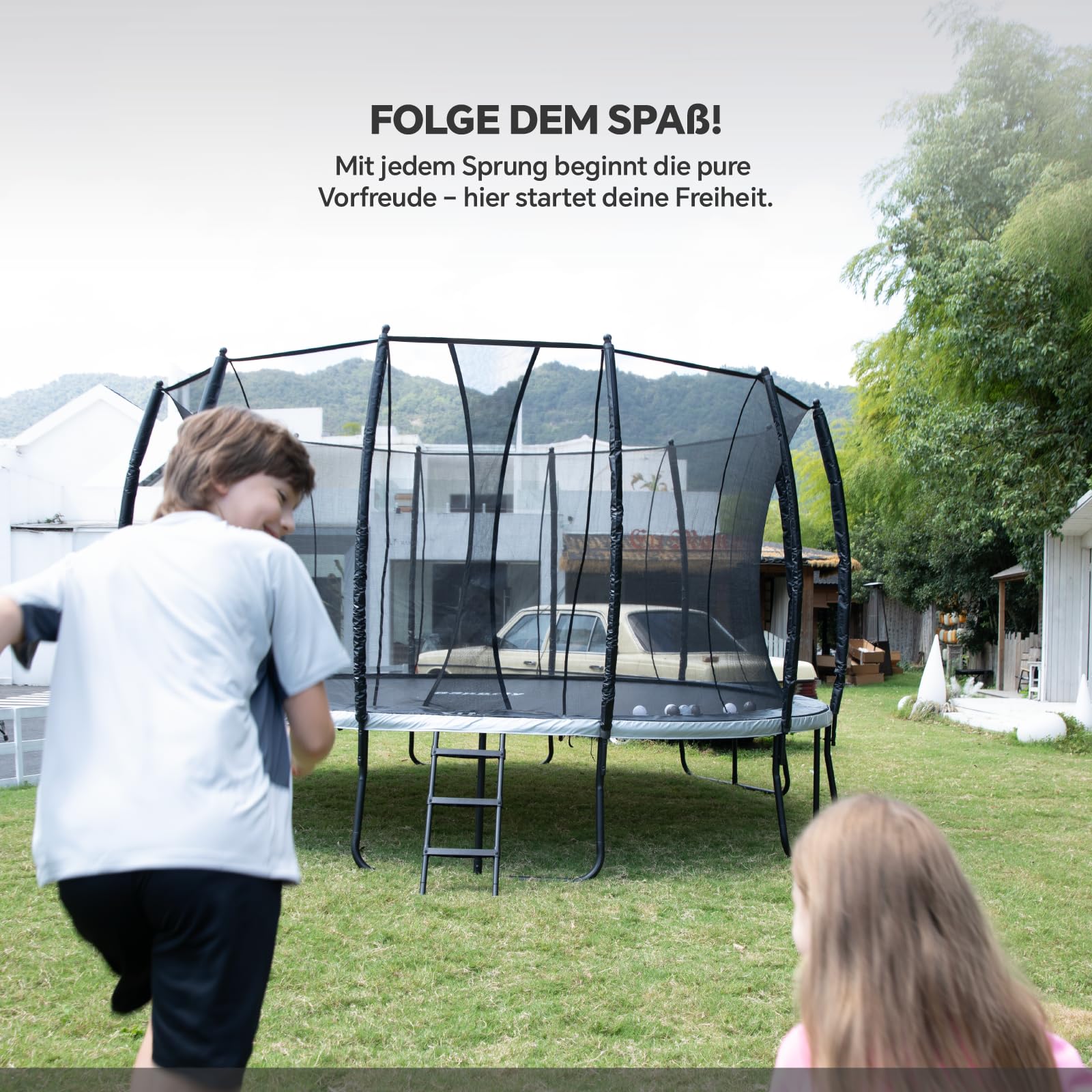 Trampolin Outdoor 305 cm mit Sicherheitsnetz, 5 verstärkte U-förmige Beine mit Mittelstütze, ASTM-Zertifiziert, Freizeittrampolin für Kinder und Erwachsene