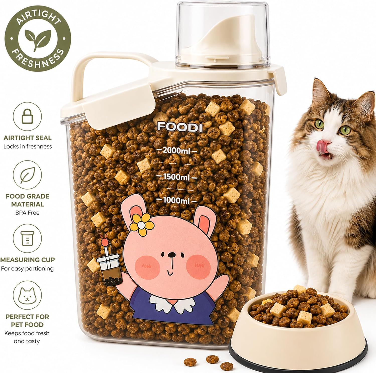 Pet Food Storage Container, 6 lb Airtight Cat Food Bin, Cute Cartoon Design | Wide pour spout, measuring cup cap, silicone seal, snap locks, carry handle, clear body, food-safe storage for 6 lb dry food