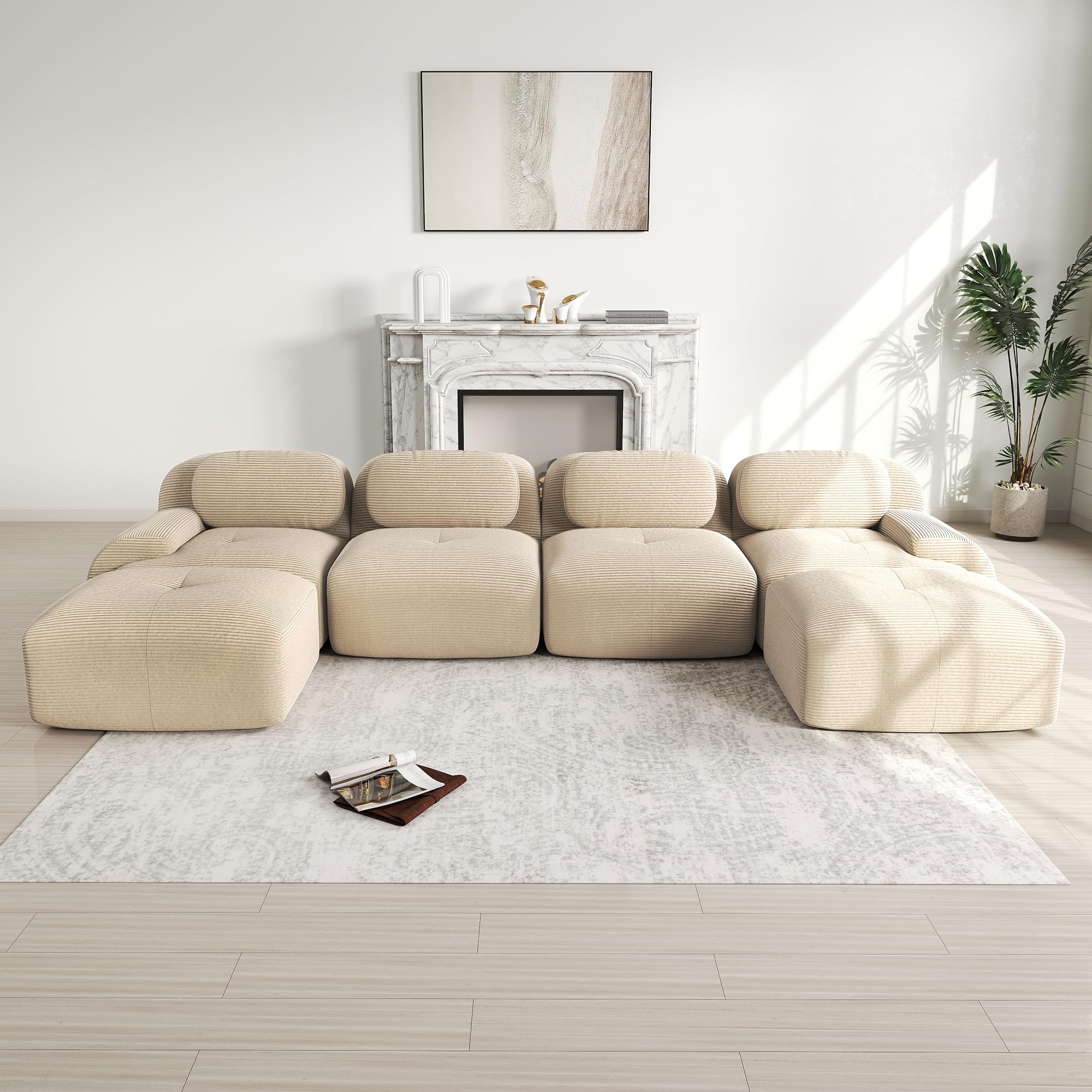 Sofá modular en U de 4 plazas de pana – en forma de U, acolchado 32D de alta elasticidad, sin marco, reposabrazos extra anchos, sin montaje y antideslizante, color beige
