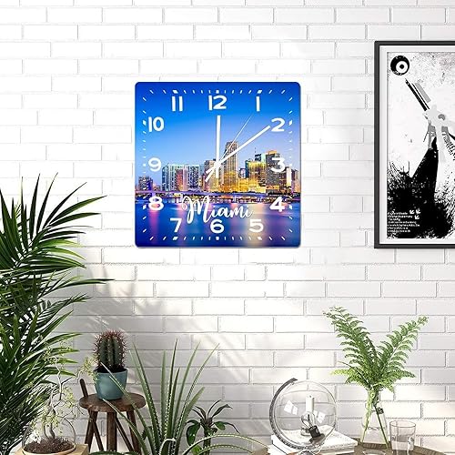 Miniatura 4 de Reloj de pared American Florida State Miami City Skyline Paisaje urbano Vista de la ciudad Reloj clásico de madera sin tictac funciona con pilas,