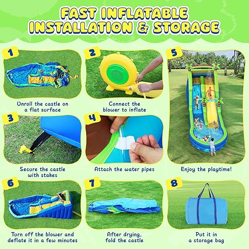 Miniatura 5 de Tobogán acuático de grado comercial para niños y adultos, tobogán acuático inflable gigante con soplador húmedo y seco, combo de PVC duradero,