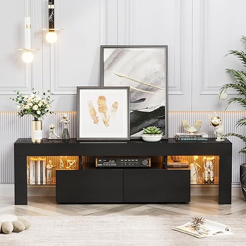 Miniatura 4 de YESHOMY Soporte de TV LED moderno negro para televisores de hasta 70 pulgadas con estantes de vidrio y cajón, centro de entretenimiento para juegos