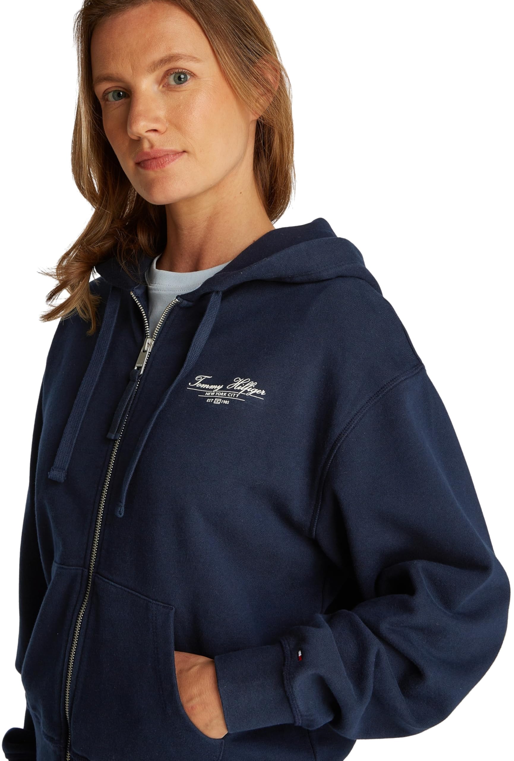Tommy Hilfiger Damska bluza z kapturem REG Script Zip WW0WW44632, Niebieski (Dark Night Navy), M