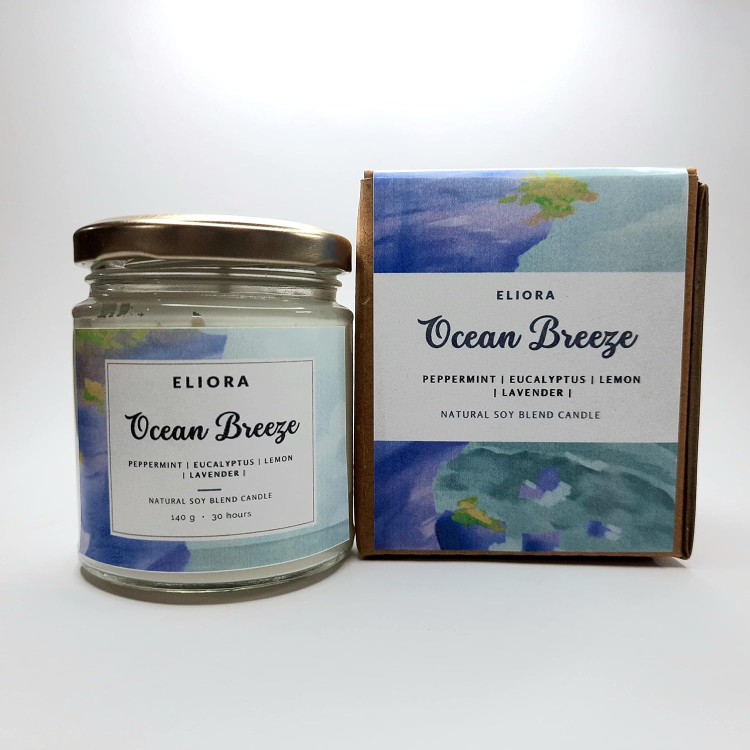 Eliora Ocean Breeze (Scented Soy Blend Glass Jar Candle) (Fragrance Blend: Peppermint, Eucalyptus, Lemon & Lavender) (Large)