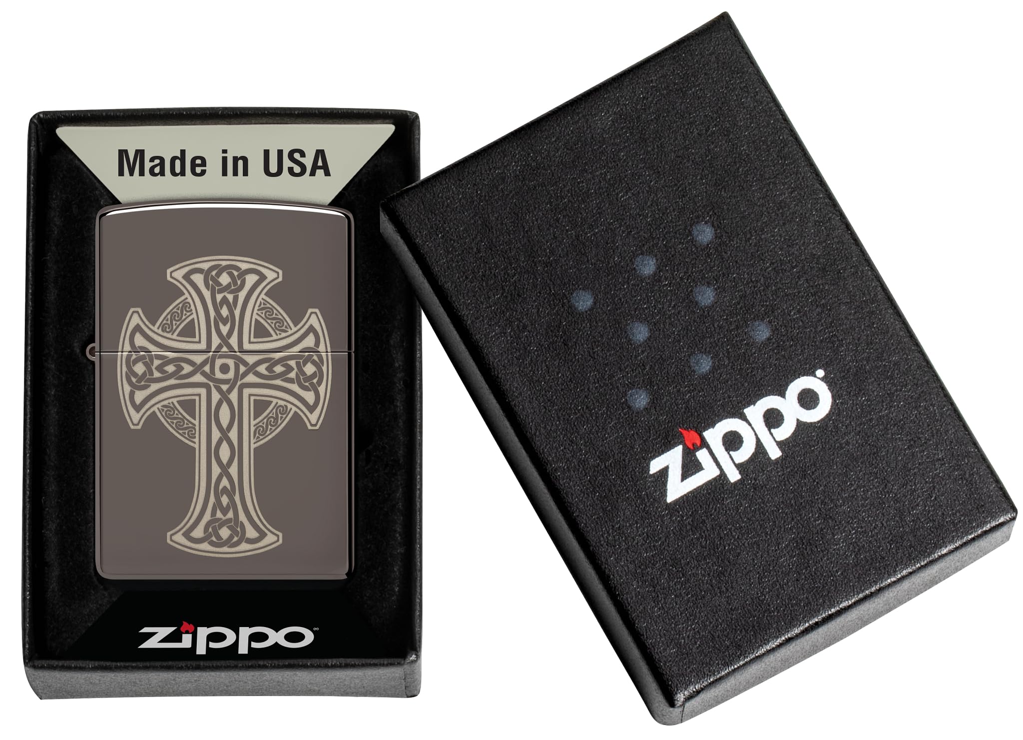 Zippo - Briquet Tempête Motif Croix Celtique, Noir (Black Ice), Gravure Laser (4 Côtés), Rechargeable, Réutilisable, Coupe-Vent, Coffret Cadeau, Fabriqué Aux États-Unis