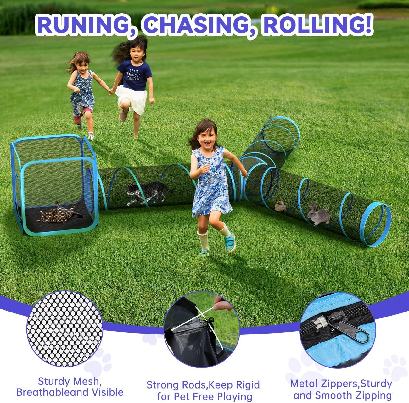 Outdoor Cat Enclosures for Cats Indoor, Patio Portable Mesh Cat Tunnel, Playhouse with Free Carry Bag for Multiple Cats and Small Animals, Blue + Black