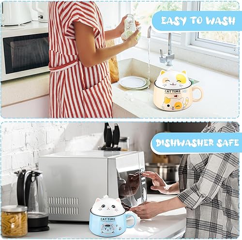 Miniatura 6 de Juego de 2 tazones de ramen de 34.5 onzas con tapa, lindo tazón de sopa con palillos y cuchara, cuenco de fideos para ramen, tazón de ensalada,