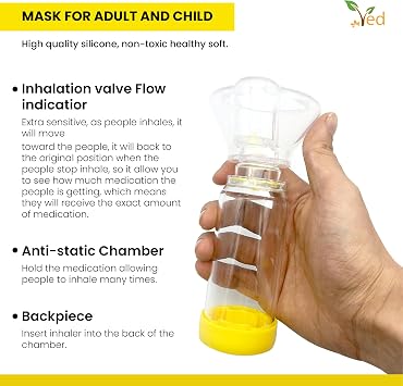 Inhaler Spacer with Silicone mask (Adult + Child),Anti-Static Spacer Device, Inhaler Chamber, use with Metered Dose Inhaler, BPA and Latex Free.(Yellow)