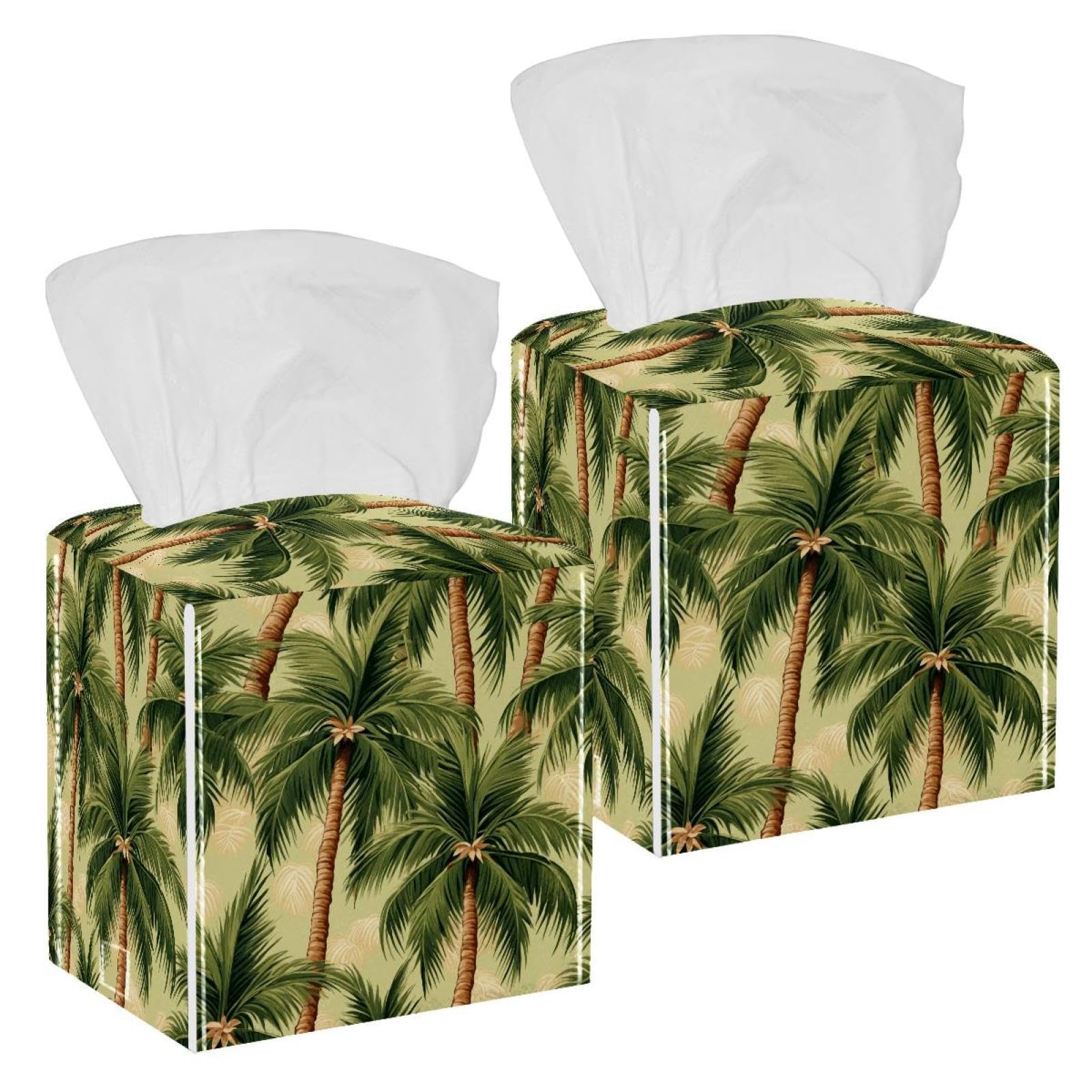 Coconut Tree Tissue Box Cover, 2 Pack PU Leather Square Facial Tissue Dispenser Box holder for Home Office Car