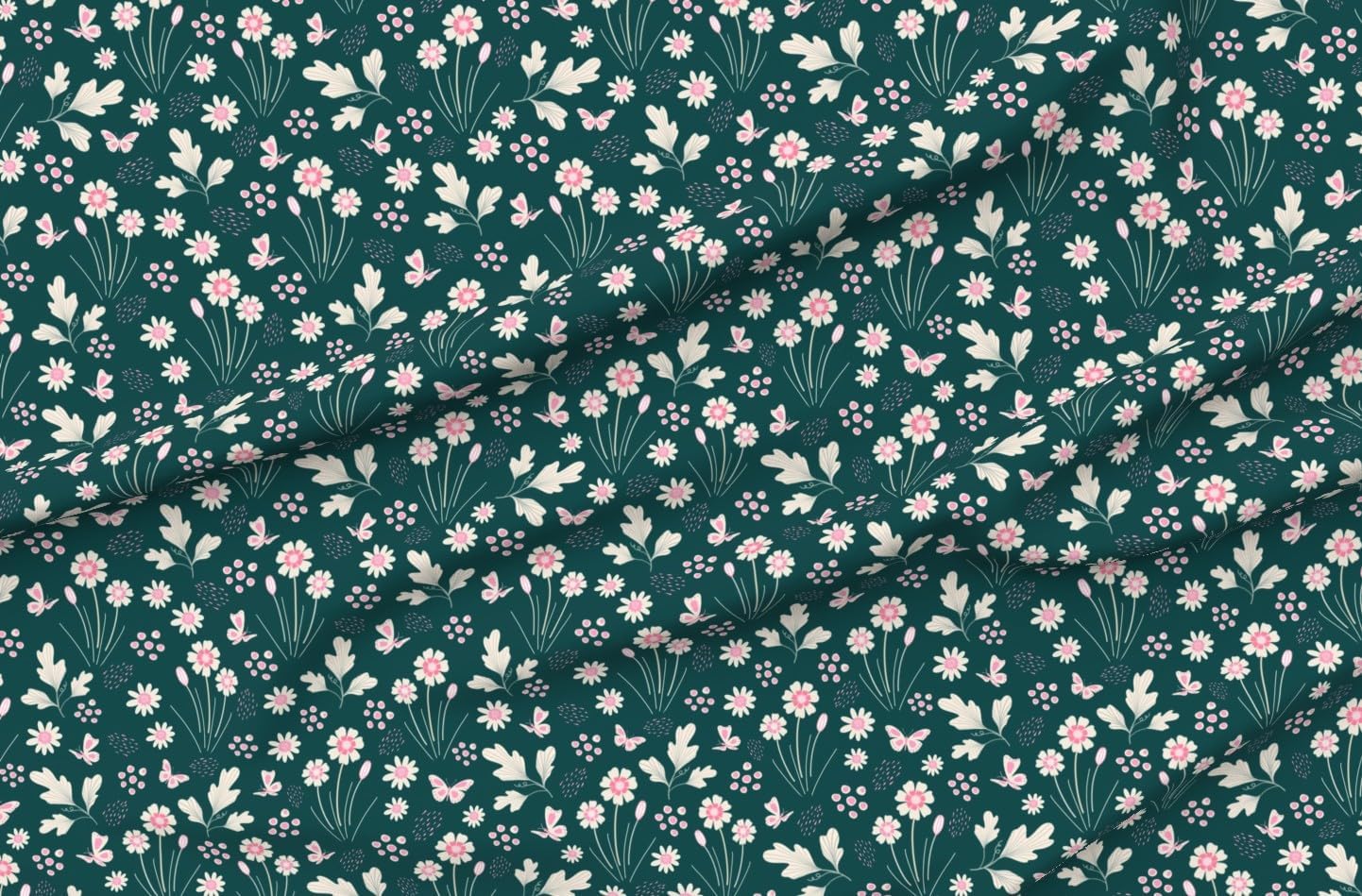Spoonflower Fabric - Whimsical Botanical Floral Butterflies Cottagecore Green Flowers Pink Printed on Petal Cotton Fabric Fat Quarter - Sewing Quilting Apparel Crafts Decor