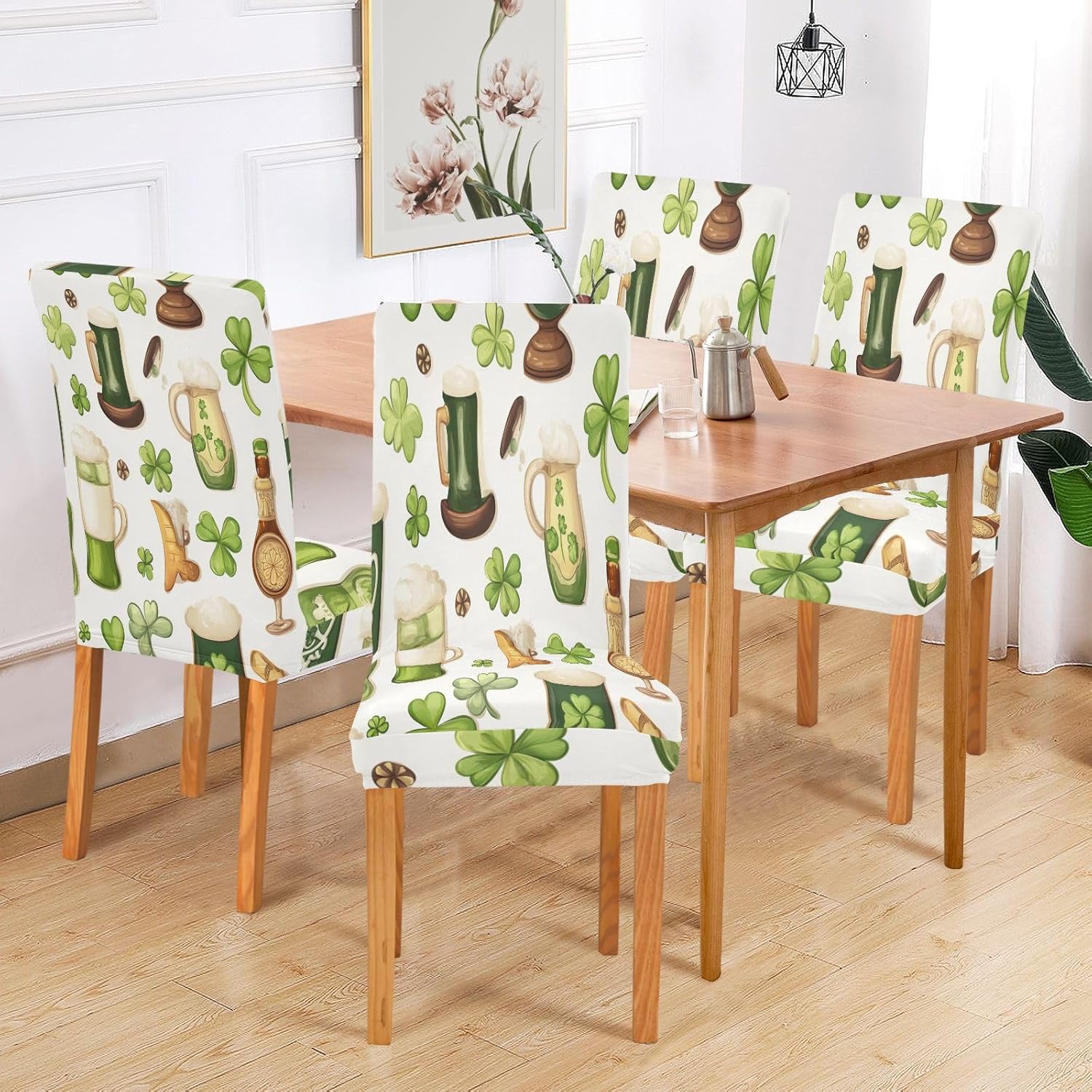 ALAZA Chair Covers for Dining Room, St.Patrick's Day Clover Beer Elements Stretch Chair Cover Sets Chair Protector Removable Washable for Ktichen Restaurant Hotel
