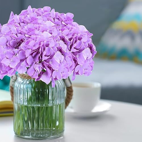Miniatura 3 de Auihiay 26 flores artificiales de hortensias, flores de hortensias artificiales moradas, cabezas de hortensias de seda con tallos para el hogar,