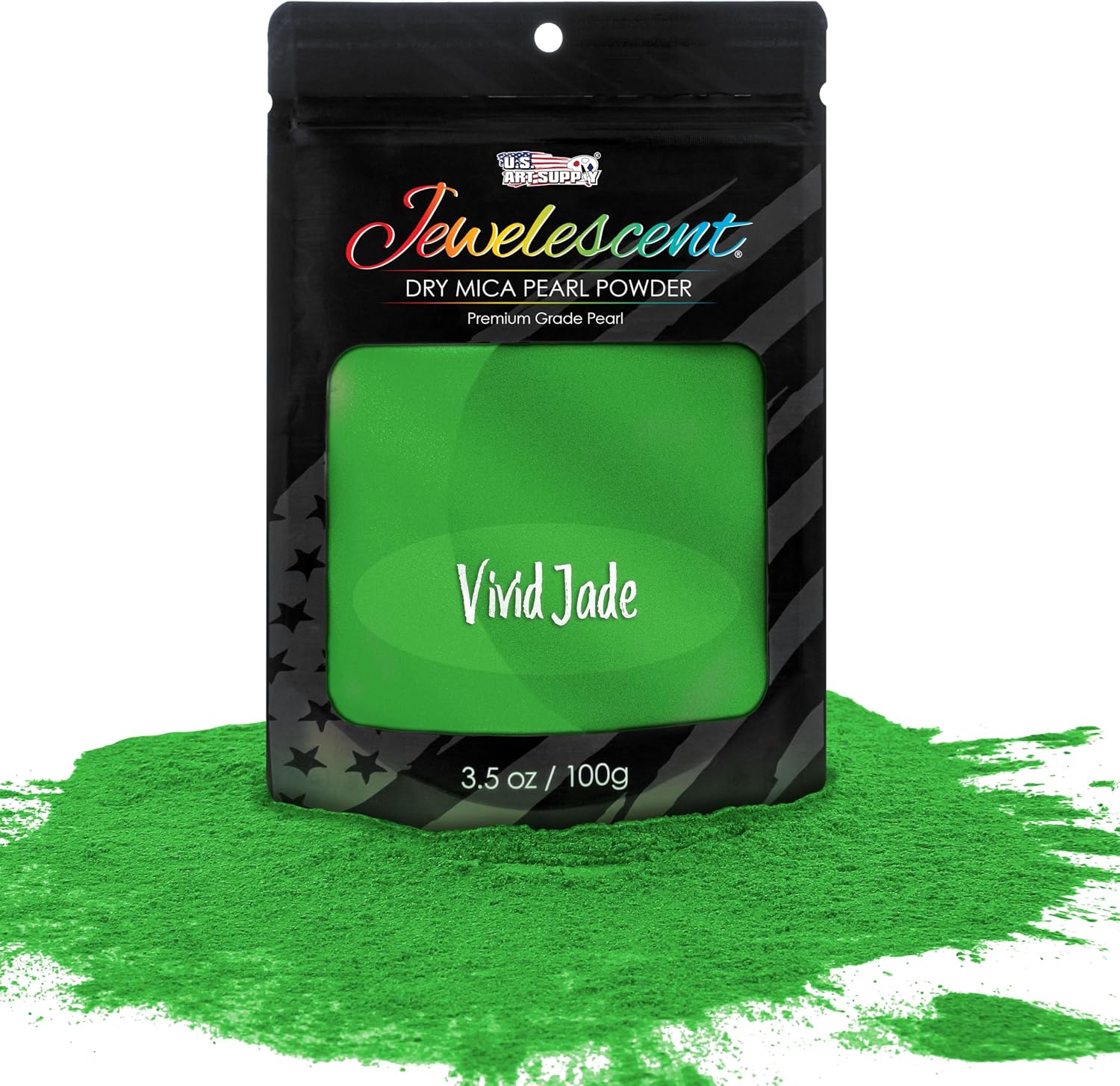 U.S. Art Supply Jewelescent Vivid Jade Mica Pearl Powder Pigment, 3.5 oz (100g) Sealed Pouch - Cosmetic Grade, Metallic Color Dye - Paint, Epoxy, Resin, Soap, Slime Making, Makeup, Art