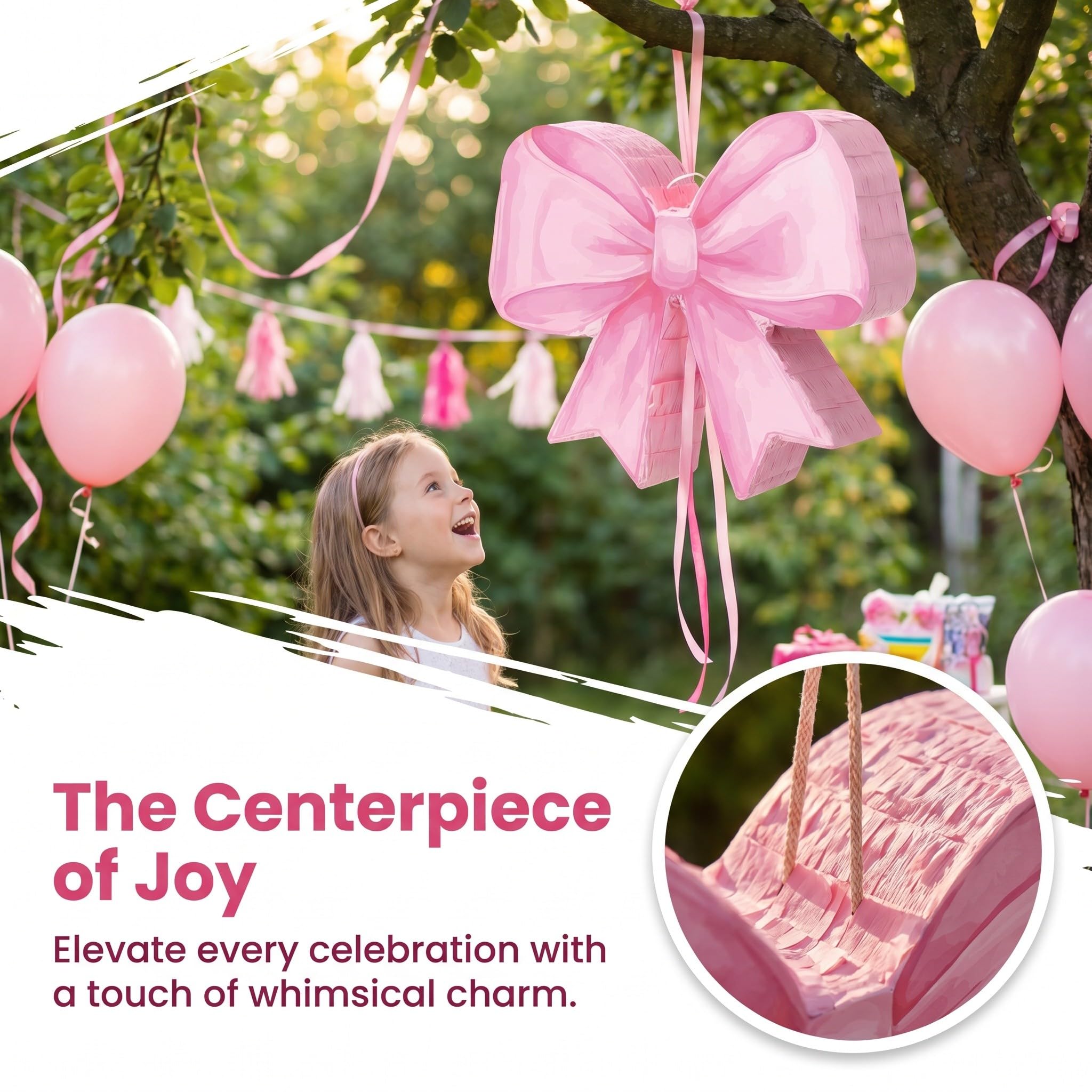 Operitacx Piñata rosa con lazo para niña, el set de piñata rosa con lazo incluye un palo, una máscara para los ojos y confeti, lindas decoraciones para fiestas de cumpleaños, artículos para fiestas