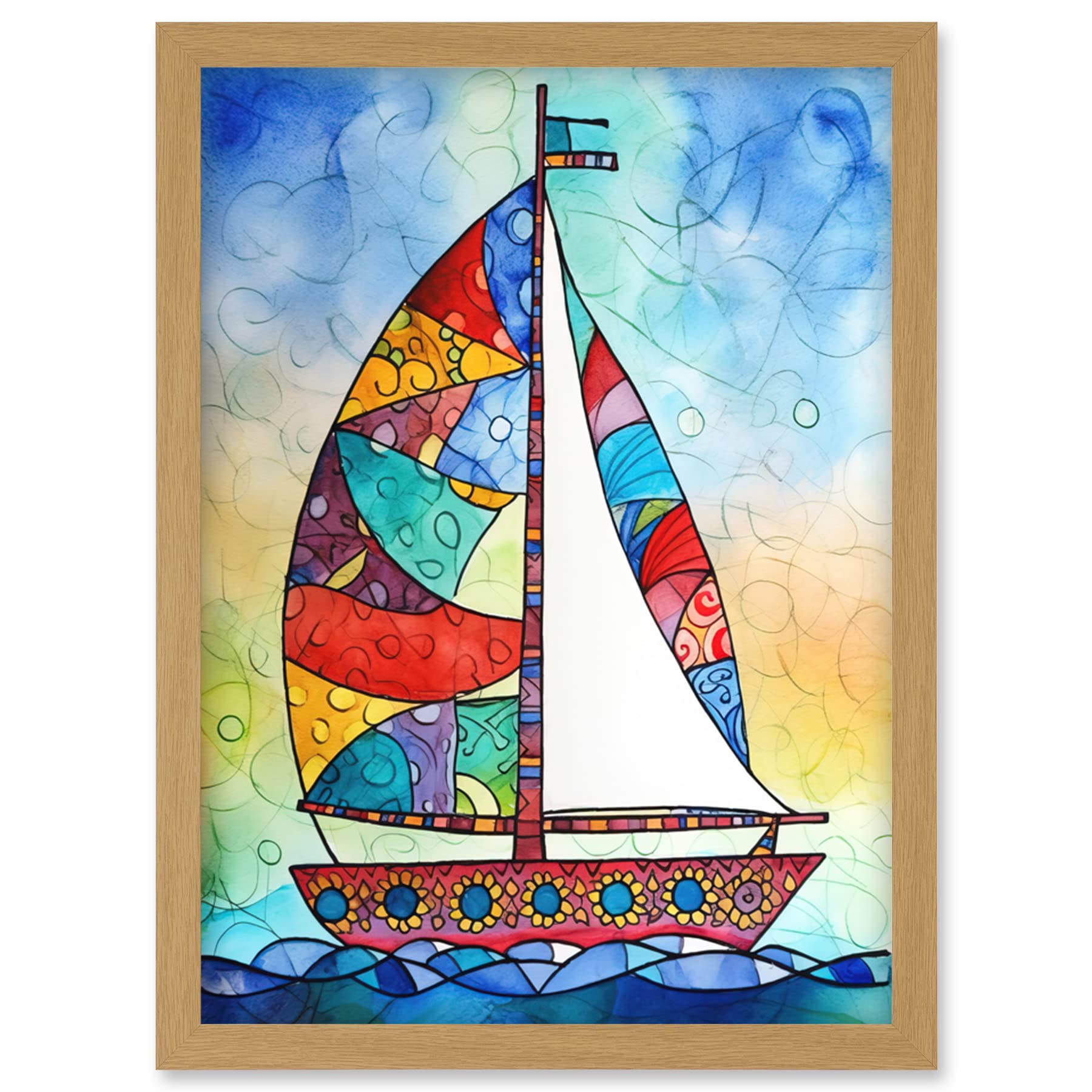 Artery8 Sailboat With Flower Pattern Folk Art Artwork Framed Wall Art Print A4