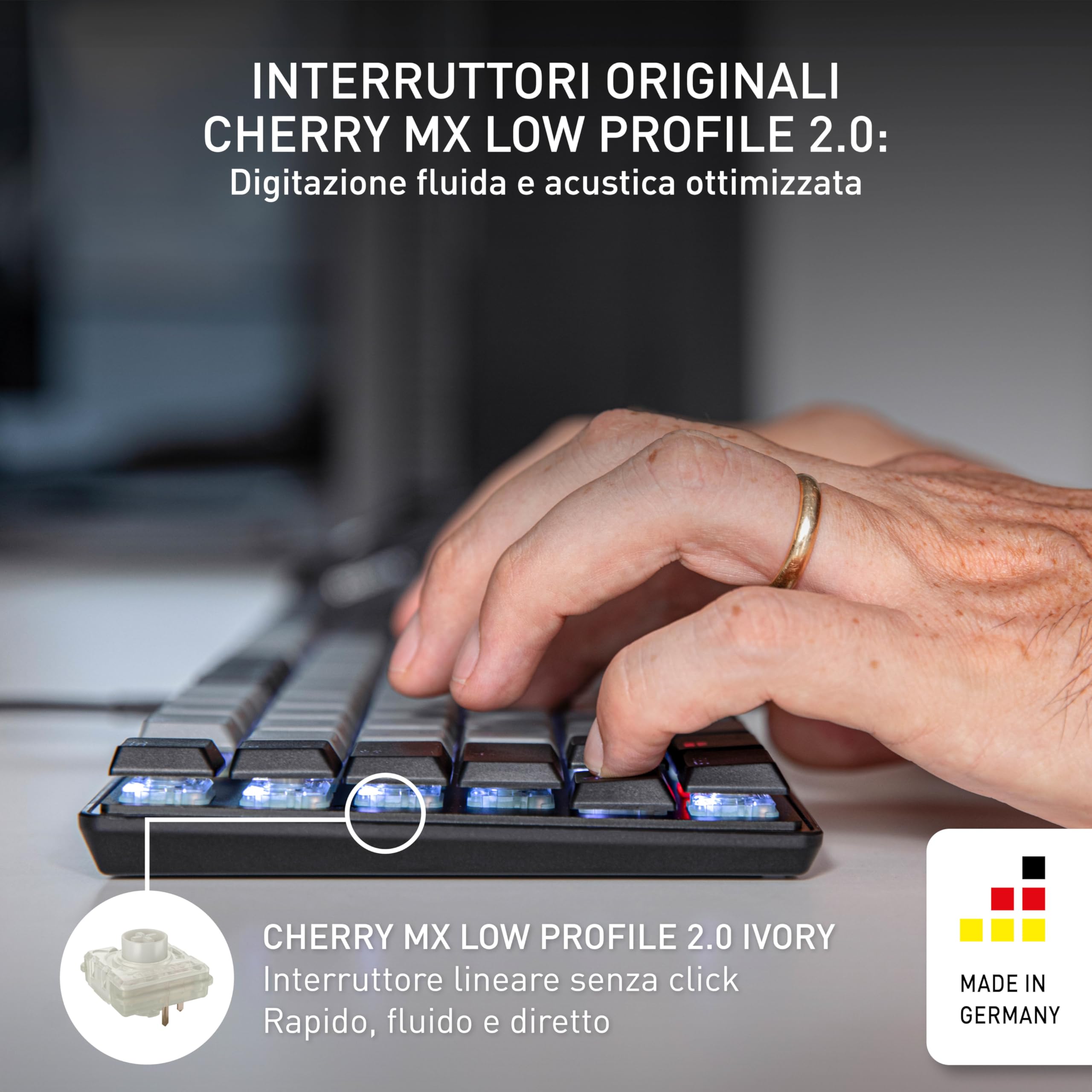 CHERRY KC 500 MX LP TKL, Tastiera Meccanica A Basso Profilo Senza Tastierino Numerico, Layout Tedesco (QWERTZ), USB-A, Interruttori MX LP 2.0 IVORY, Nero