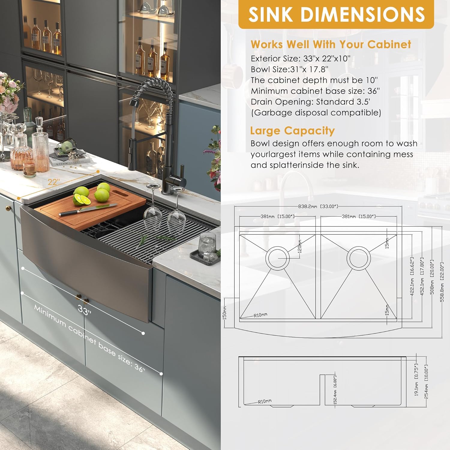 33 Inch Double Bowl 50/50 Black Farmhouse Workstation Sink 16 Gauge NANO PVD Stainless Steel HERCATE Apron Front Sink, Gunmetal Black, 10 Inch Depth with Accessories