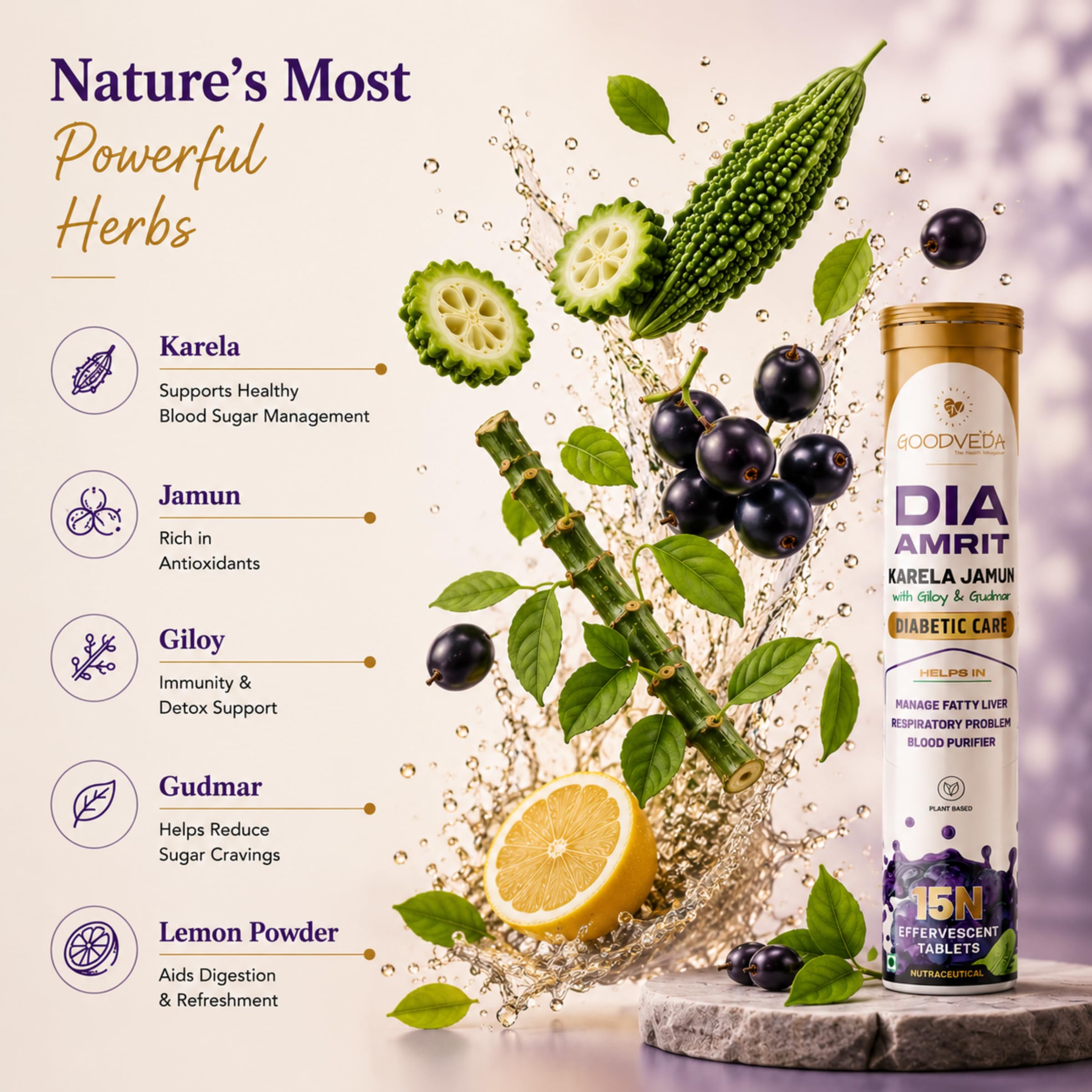 Ayurvedic Karela Jamun Effervescent Tablets with Gudmar Giloy Lemon Powder, Herbal Fizz Drink for Blood Sugar Metabolism Digestion Support, Glucose Balance Energy Wellness Formula, 15 Tablets 2