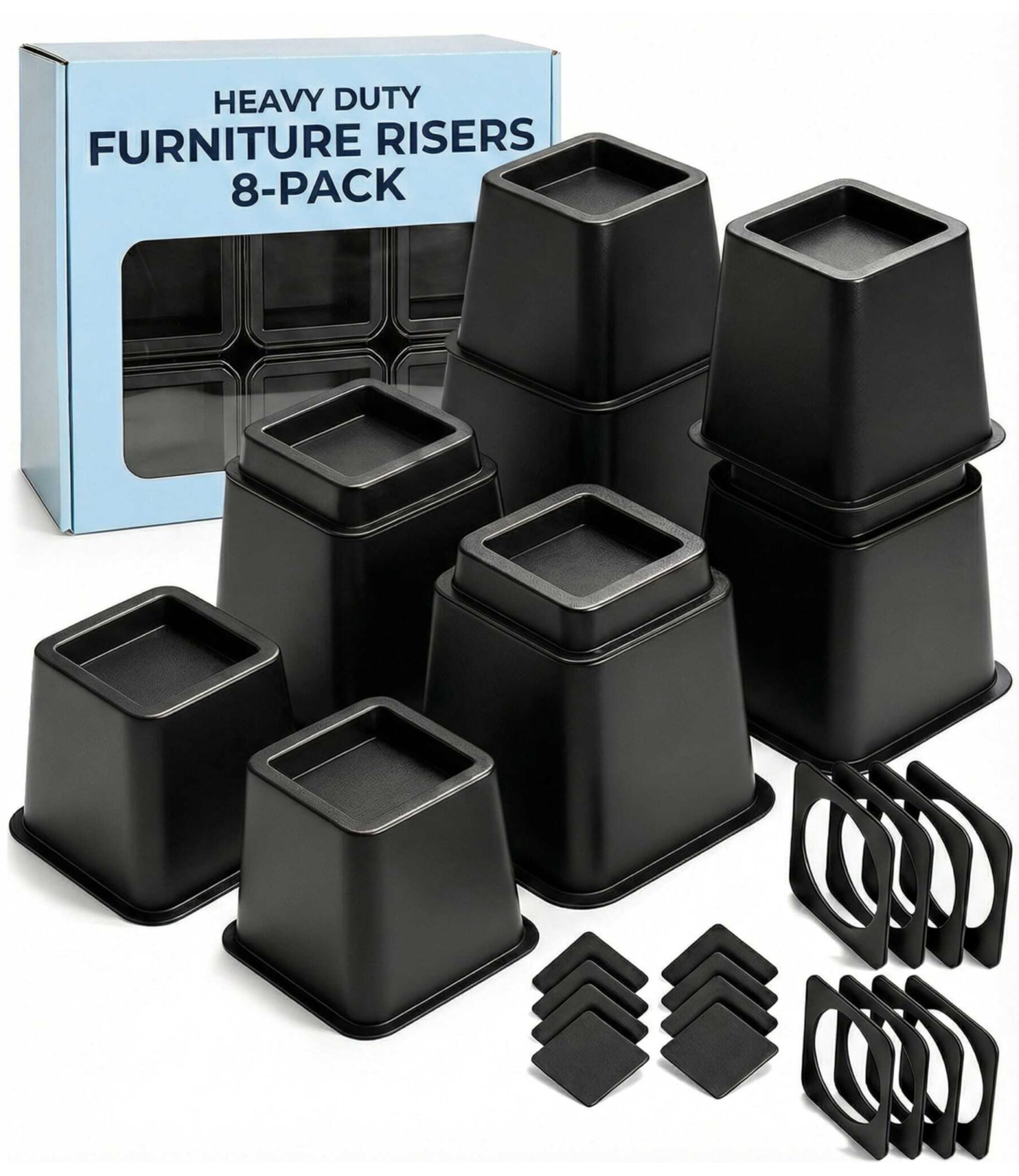 Photo 1 of Bed Risers - Dorm Room Essentials - 3 & 5 Inch Adjustable Furniture Risers or 8 Inch Combined - Heavy Duty for Dorm Decor, Desks, Chairs - Under Bed Storage - Supports Up to 1,300 lbs (8 Pack, Black)