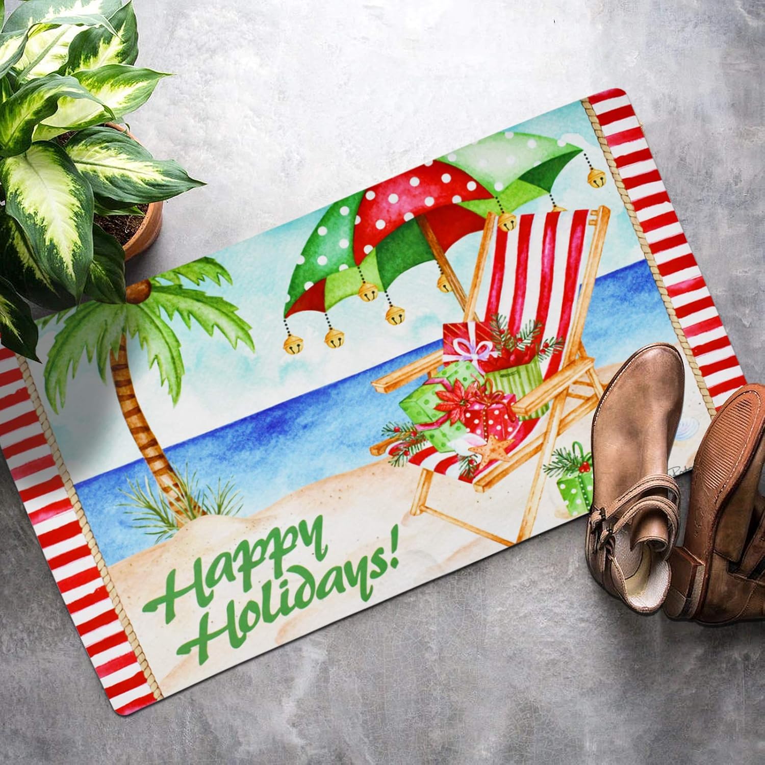 E-view Christmas Mat Decorative Holiday Rugs Indoor Outdoor Rubber Back Front Door Welcome Mats Winter Ocean Themed Doormats for Porch Entrance Entryway (Happy Holiday A)
