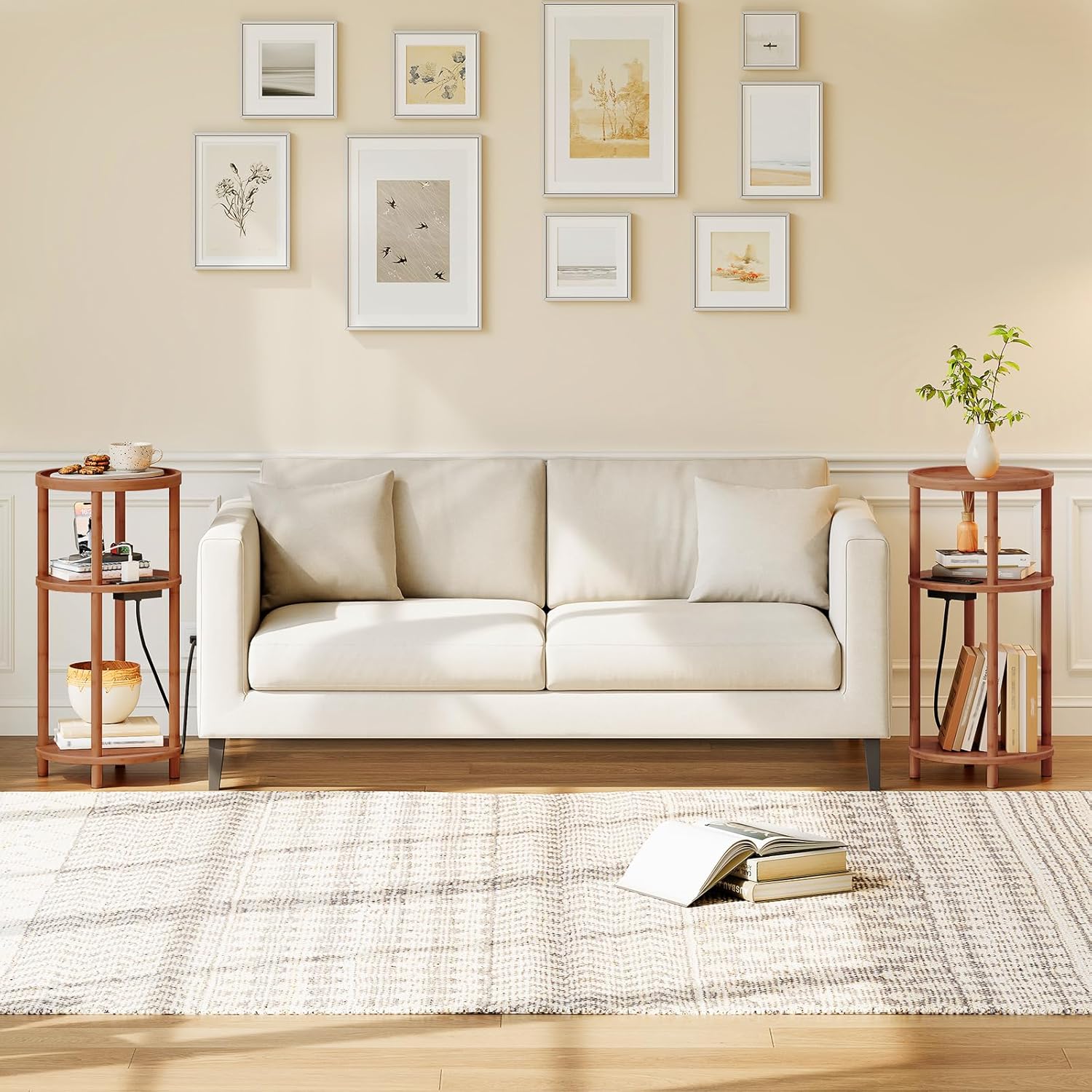 HOOBRO Set of 2 Small Round Side Tables with Charging Station, 3-Tier Round Bamboo End Tables, Easy Assembly, for Living Room, Bedroom, Apartment, Walnut WL152UBZP201