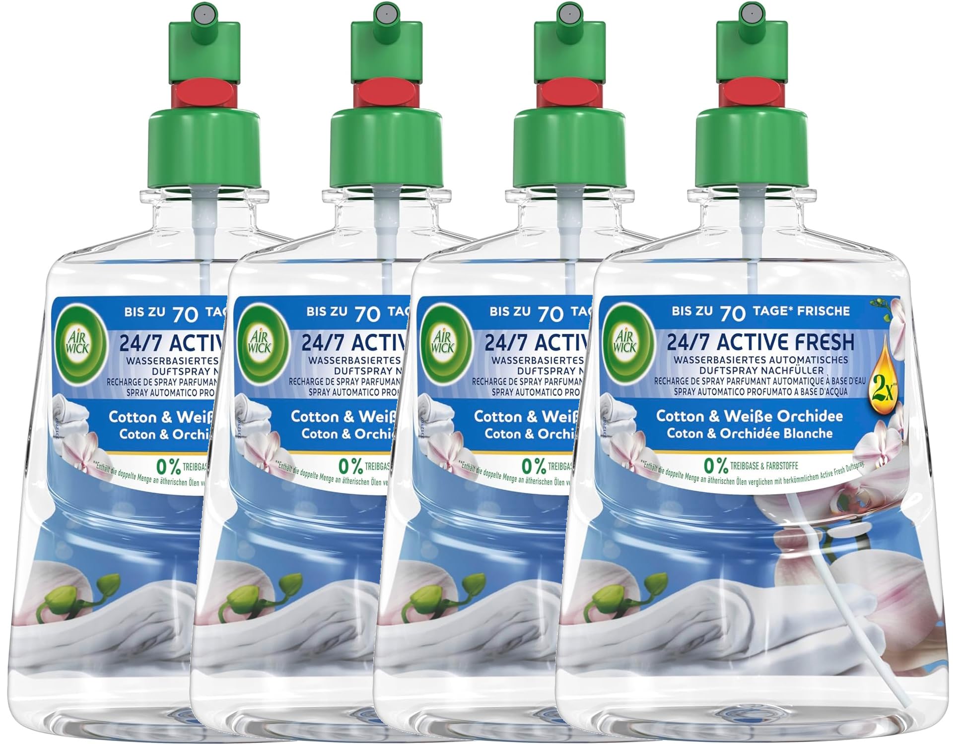 Air Wick Active Fresh – Aeorosolfreier, automatischer Lufterfrischer – Raumduft Cotton & Weiße Orchidee – 4 x 228 ml Nachfüller