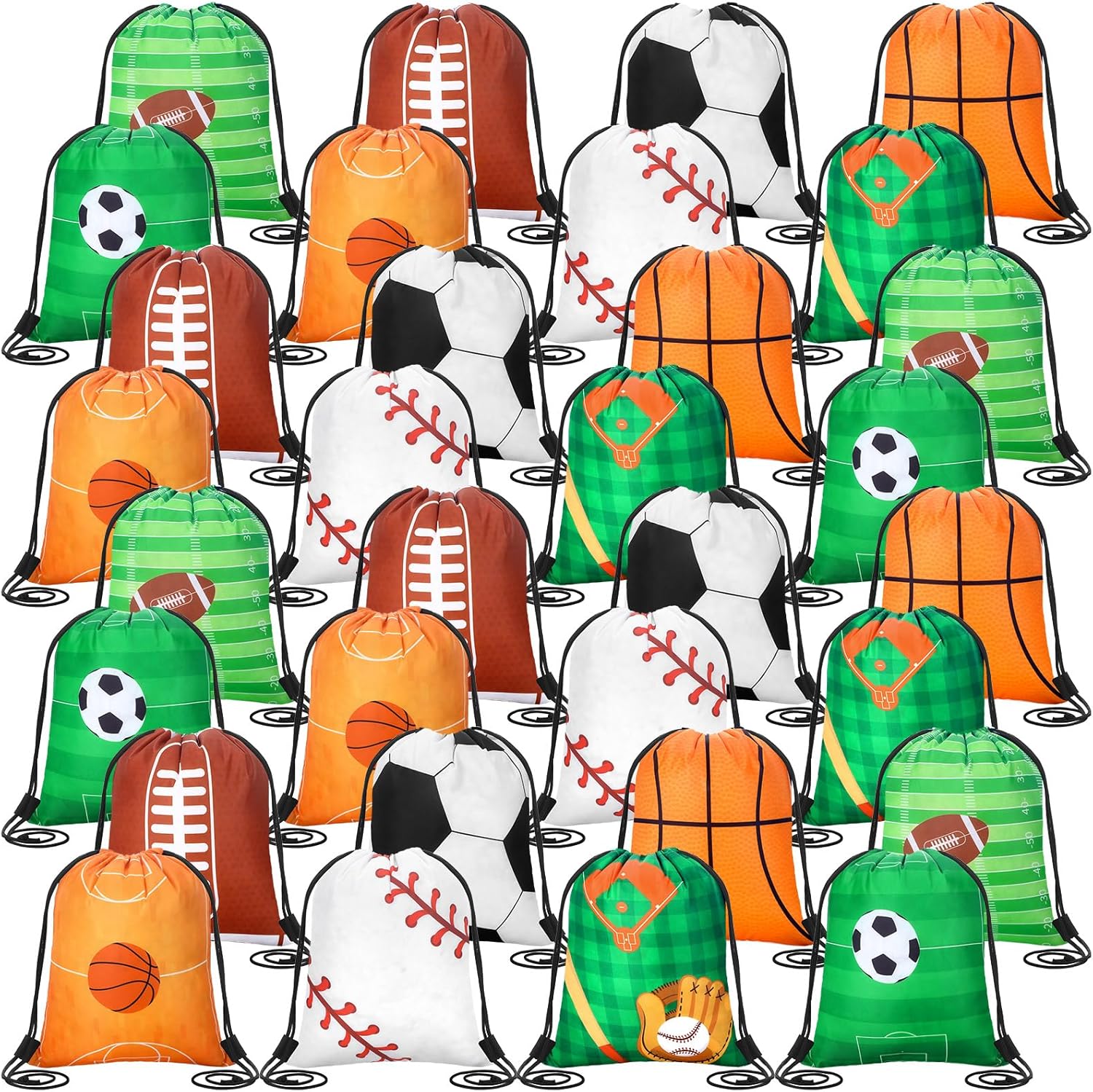 Dansydaisy 32 Pcs Sports Drawstring Bags Set Bulk Soccer Baseball Basketball Theme Party Bags Football Baseball Goodie Candy Treat Gift for Sports Lover Birthday Party Favor Supplies