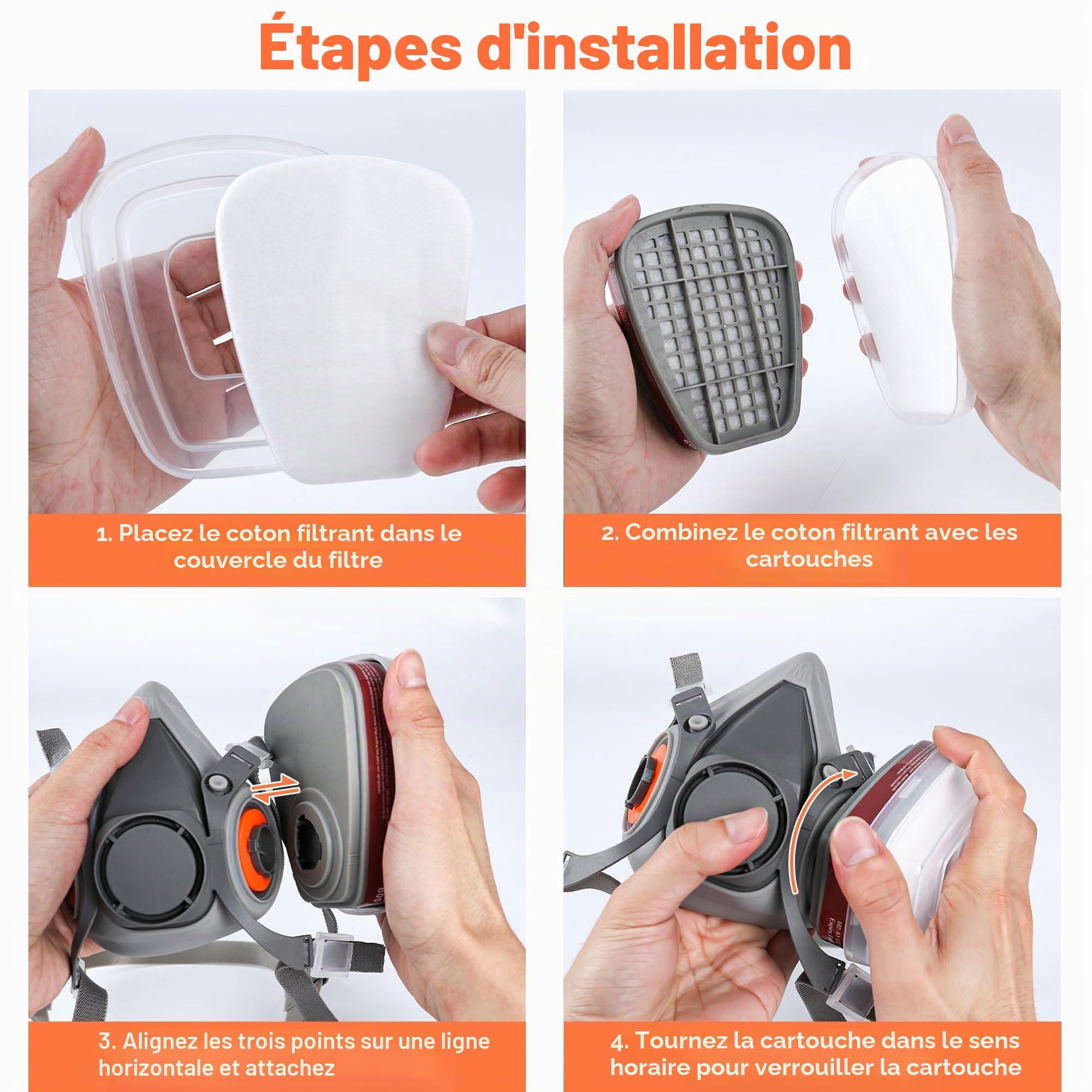 Masque de protection respiratoire réutilisable avec filtres et lunettes de protection, masque de demi-visage anti-poussière pour la peinture, la poussière fine, le ponçage, le