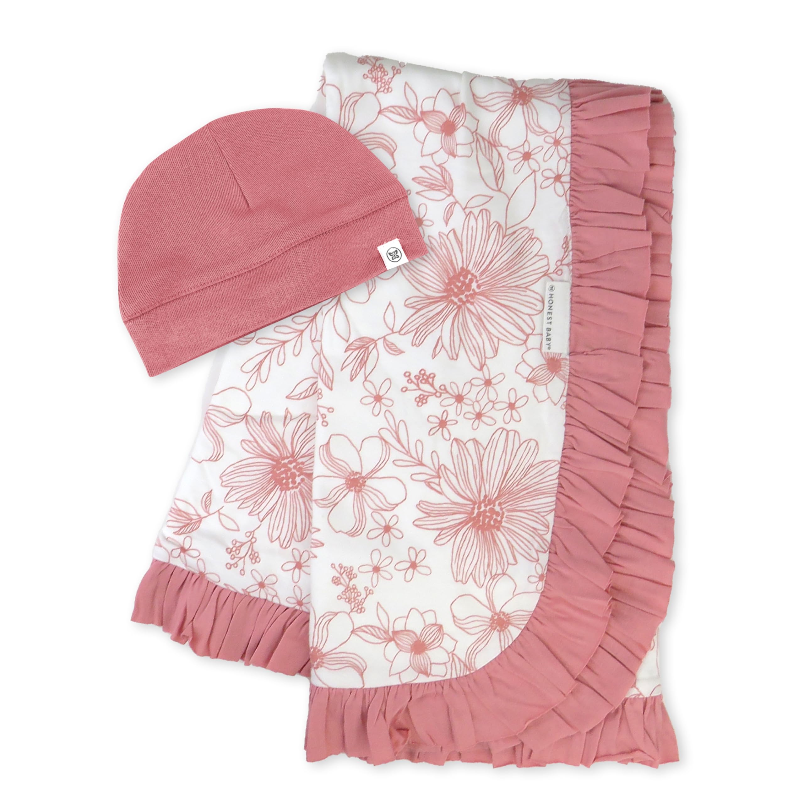 HonestBaby Knit Stroller Blanket with Trim Detail and Baby Hat 100% Organic Cotton for Infant Boys, Girls, Sketchy Floral Pink (2-Pack), One Size