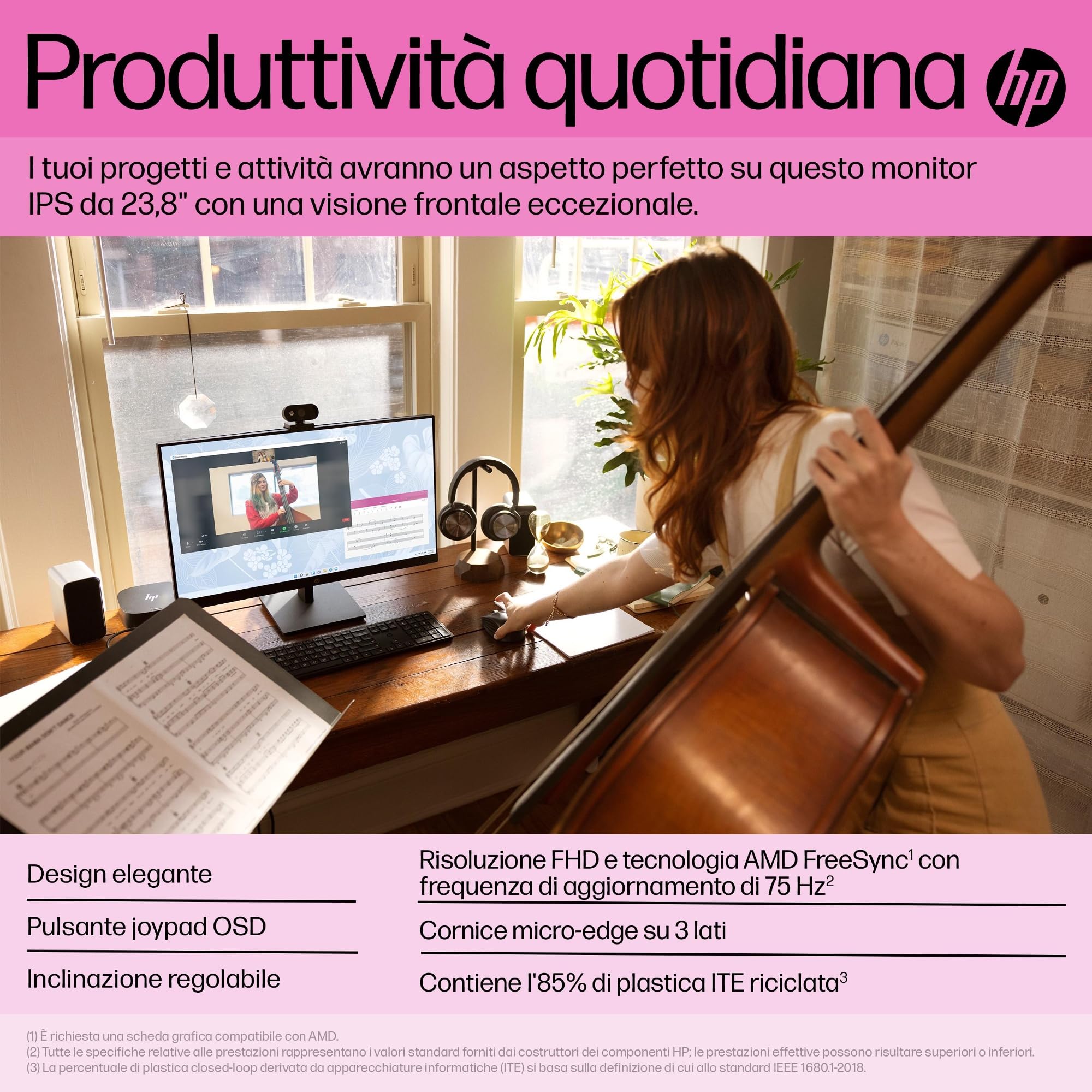 HP V24iE G5 Monitor Full HD da 24" (1920 x 1080, 75 Hz, 5 ms, IPS, 16:9), AMD FreeSync, luce blu bassa, HDMI, VGA, DisplayPort, Joypad OSD, antiriflesso, inclinazione regolabile, nero
