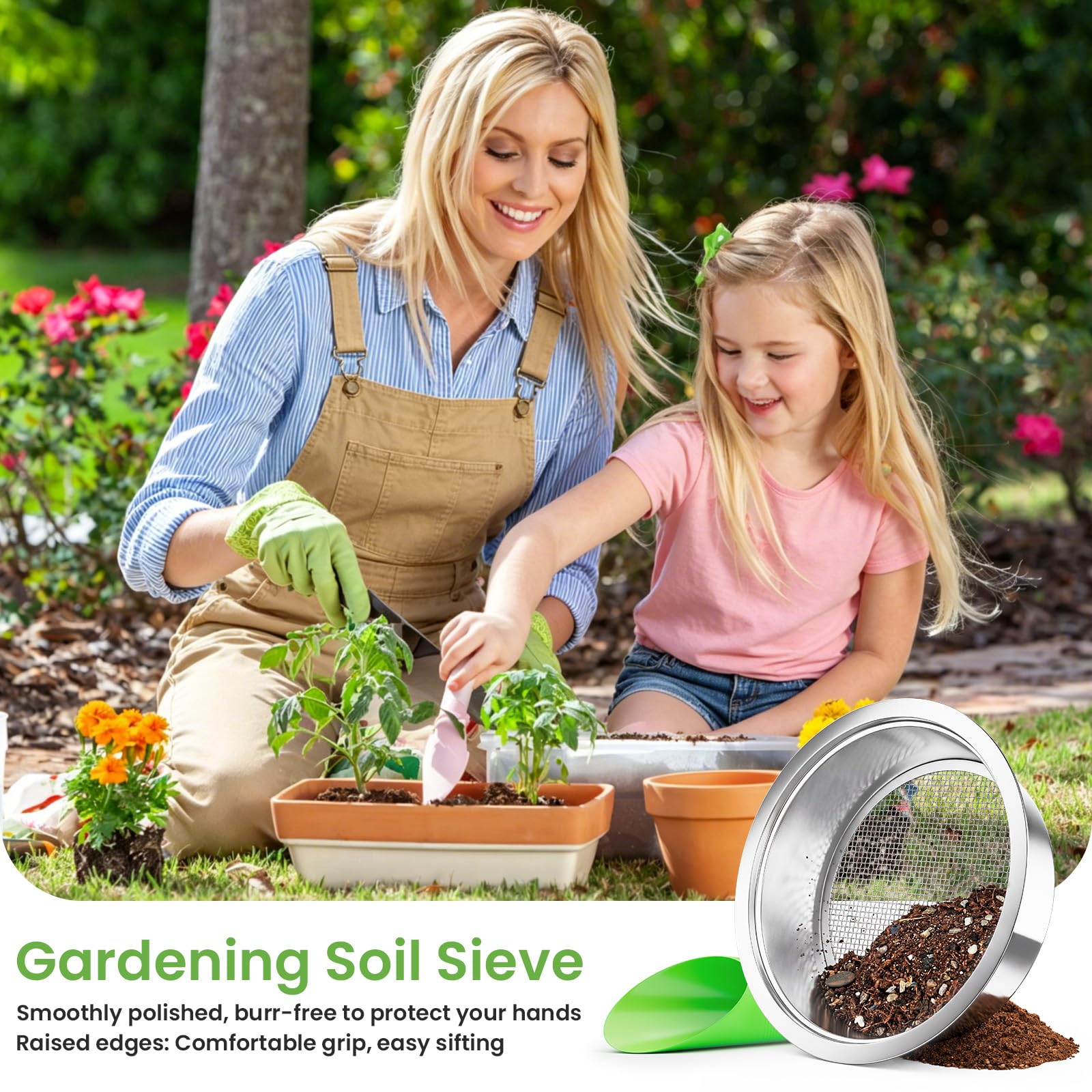 johgee 5 in 1 Gartensieb aus Edelstahl Witterungsbeständig Sieb, mit 5 austauschbare Siebeinsätze Ø 1,3,6,9,12 mm + Schaufel für Erde Steine Kompost Sand usw. 24 cm rund rostgeschützt