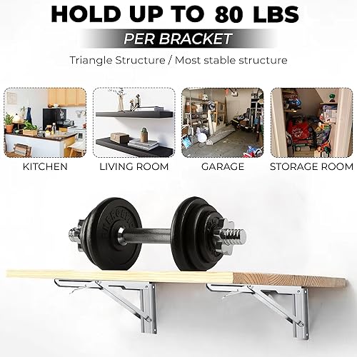 Miniatura 5 de Paquete de 10 soportes plegables de 8 pulgadas, acero inoxidable resistente, soportes plegables montados en la pared para estantes de madera