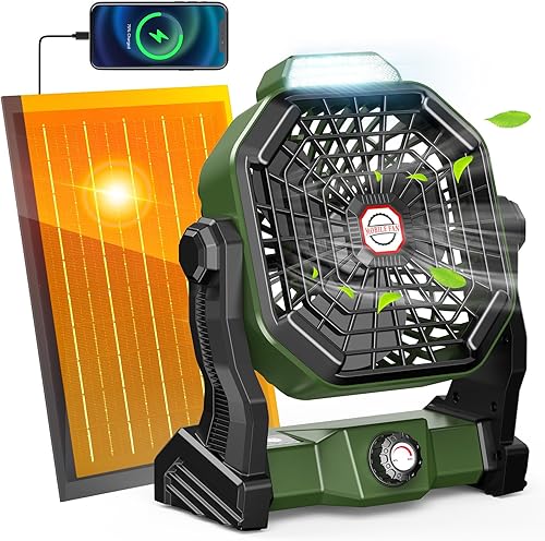 Ventilador solar de 10800 mAh, ventiladores solares de campamento de 7 W y linterna LED, ventilador recargable para exteriores con panel solar,