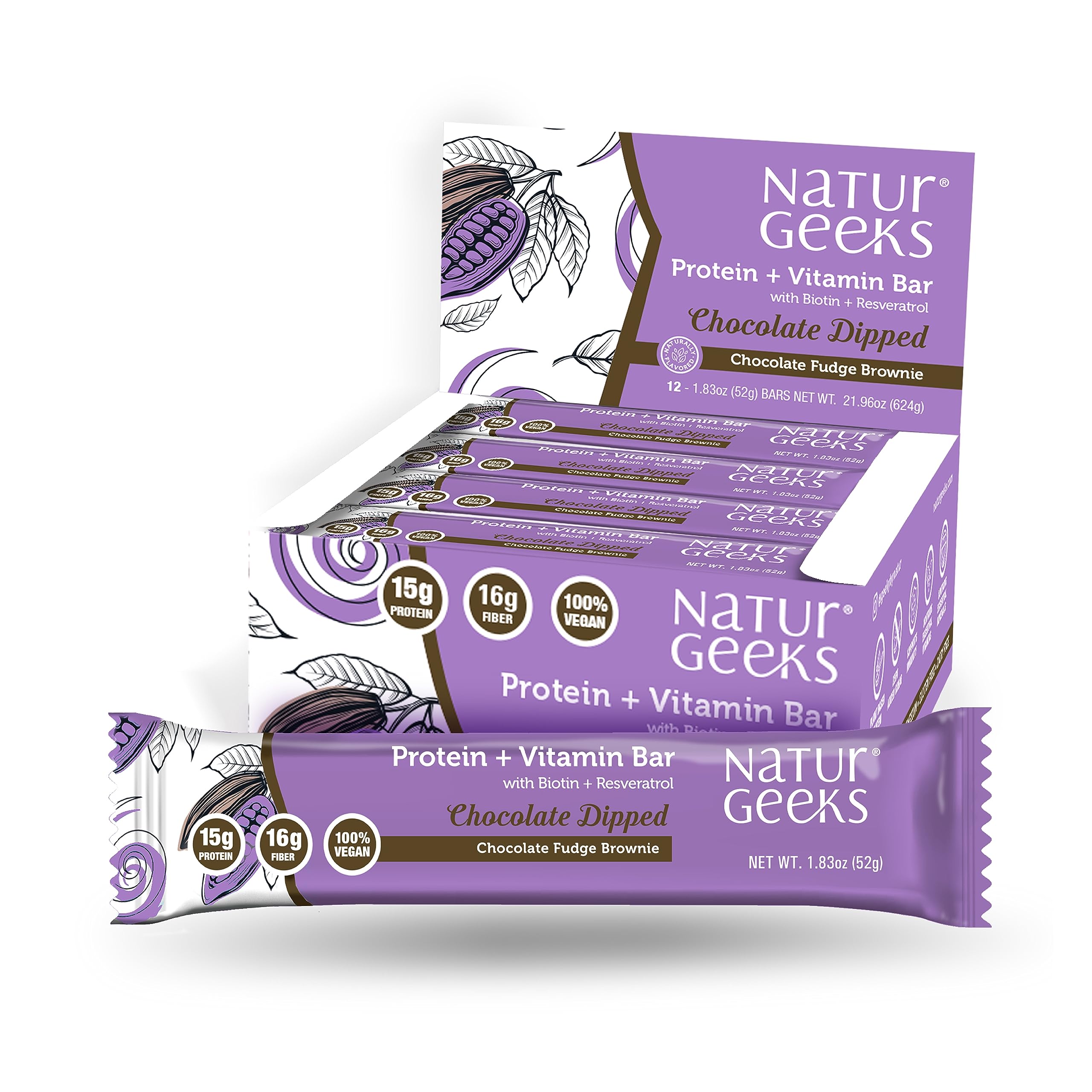 NaturGeeks Nature Geeks Vegan Protein Bars with 15g Plant-Based Protein, Vitamin D & Collagen - Gluten-Free, Low Calorie, Dark Chocolate Dipped, All Natural Slim Fast Meal Replacement - 12 Pack