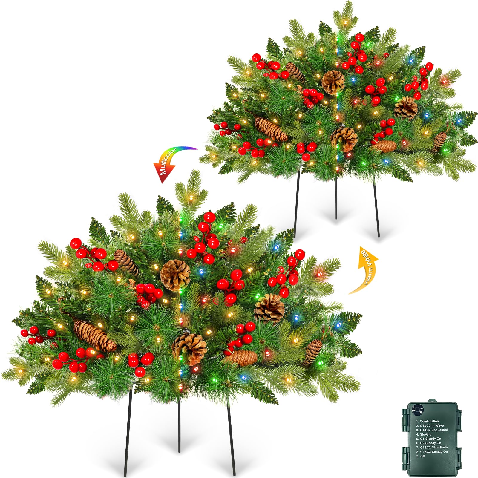 Lot de 2 urnes de sapin de Noël de 55,9 cm, minuterie pré-éclairée, 8 modes, 40 lumières LED avec 3 styles de branches, trépied, pommes de pin et baies, alimentation par piles, décoration d'extérieur