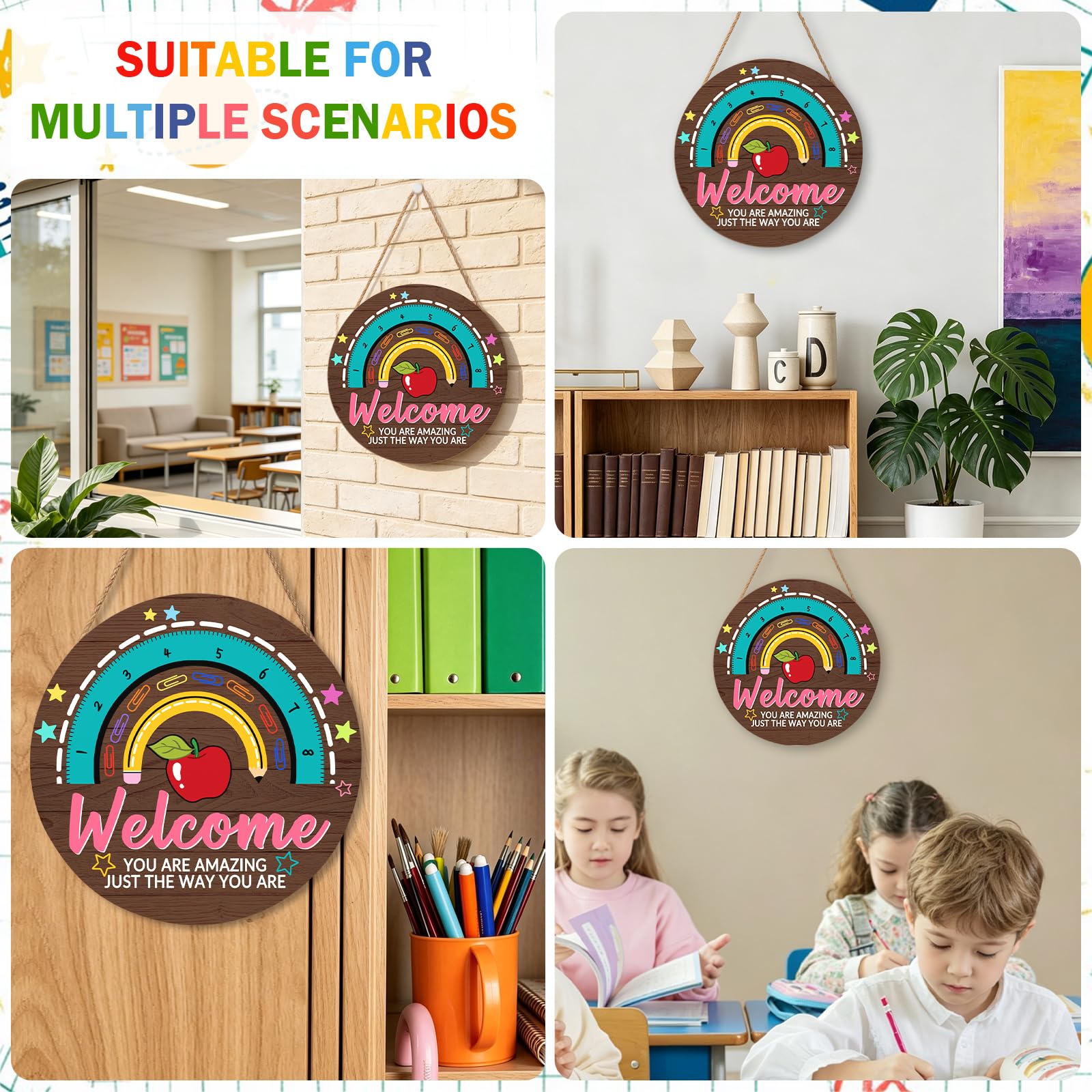Letrero de puerta de profesor para aula, letrero de bienvenida de 30,5 x 30,5 cm, letrero de bienvenida para aula, corona de profesor, placa colgante de arco iris, cartel de bienvenida para la