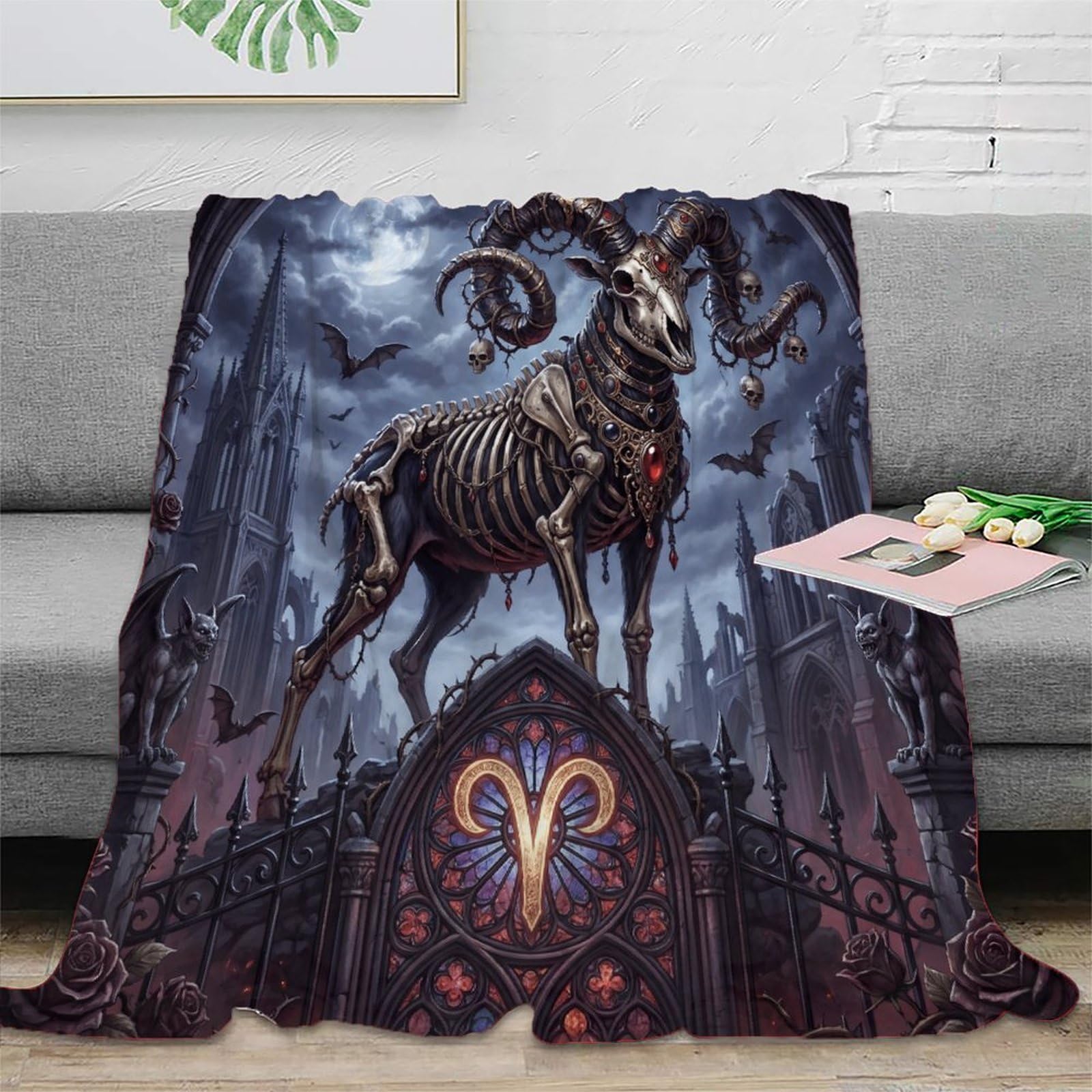 W7C8U2X3 Aries Zodiac Gothic Skull Flannel Throw Blanket, Bed Bedroom Sofa