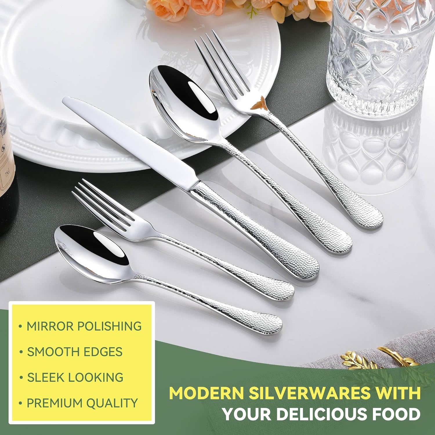 Heavy Duty Hammered Silverware Set for 8, 40-Piece 18/10 Stainless Steel Flatware Set, Weighted Silverware, Dishwasher Safe Eating Utensils Set Includes Knives Spoons and Forks