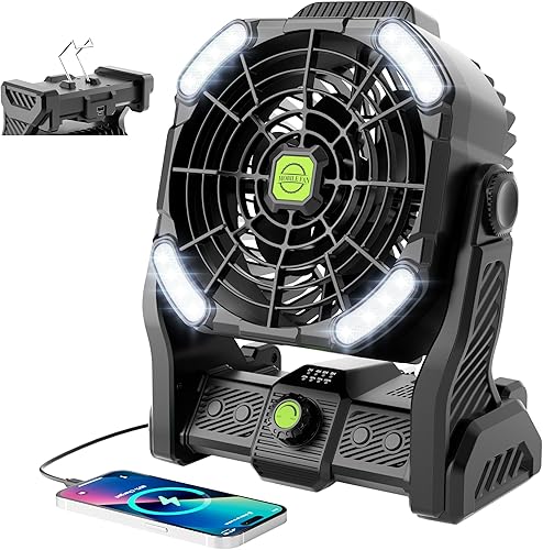 Miniatura 9 de Ventilador portátil para campamento, ventilador portátil recargable para viajes, ventilador alimentado por batería con linterna LED, rotación de