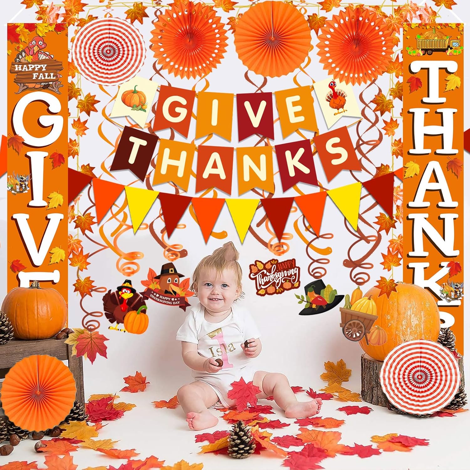 Famoby GIVE THANKS Hanging Banner Porch Sign Autumn Pumpkin Maple Leaf Backdrop Flag Banner Paper Fan&Swirls for Thanksgiving Party Decorations