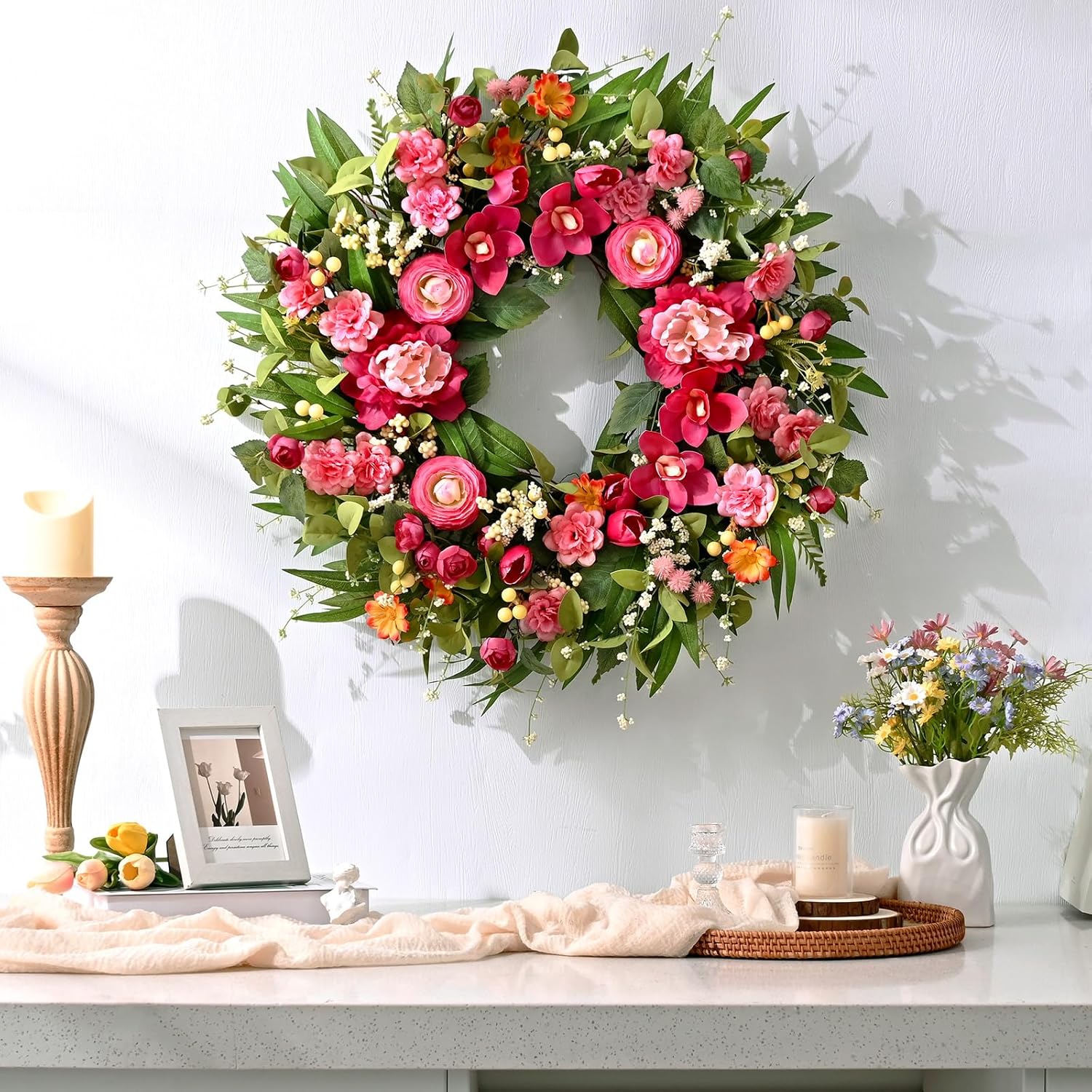 Waipfaru Spring Wreaths for Front Door, 26" Large Spring Summer Easter Wreaths for Front Door with Rose Peony Tulip Magnolia, All Seasons for Indoor Outdoor Farmhouse Home Porch Wall Window Decor