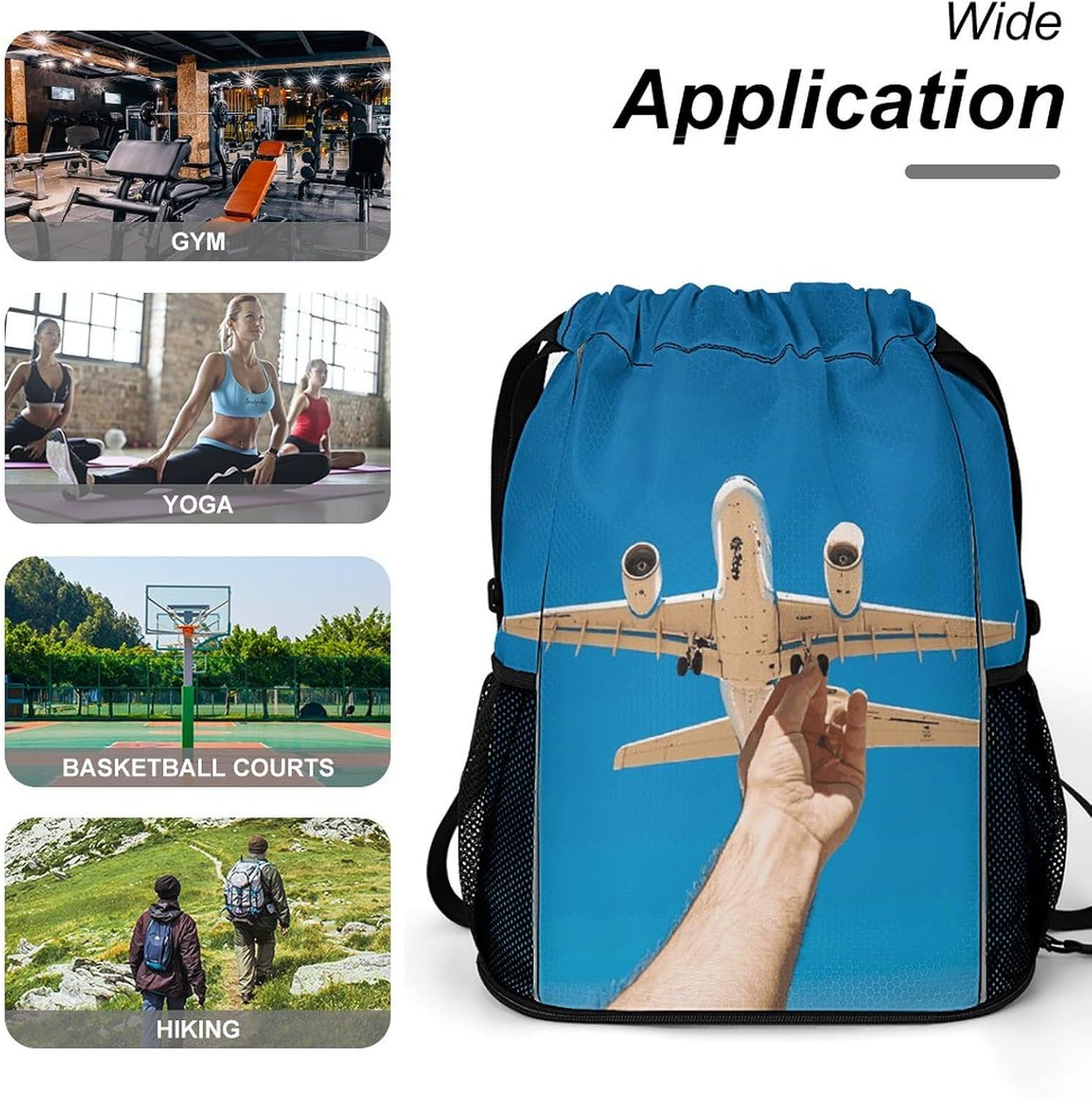 Drawstring Backpack Sports Gym Swim Bag with Shoes Compartment Blue Skies White Airplanes Stuff Sack