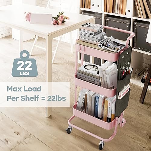 Vista 3 de DTK Carrito de utilidad de metal de 3 niveles con mesa y bolsas laterales, carrito de arte y manualidades con 4 ganchos para cocina, baño, oficina