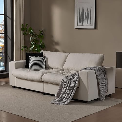 87'' Sofa Couch with Hidden Storage Space, Modern Sofa for Living Room, Comfy Upholstered 2-Seater Large Couch with Extra Deep Seat for Apartment, White