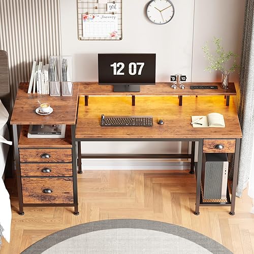 Miniatura 2 de Furologee Escritorio para computadora de 60 pulgadas con archivador y estantes de almacenamiento, escritorio reversible de oficina en casa con luces