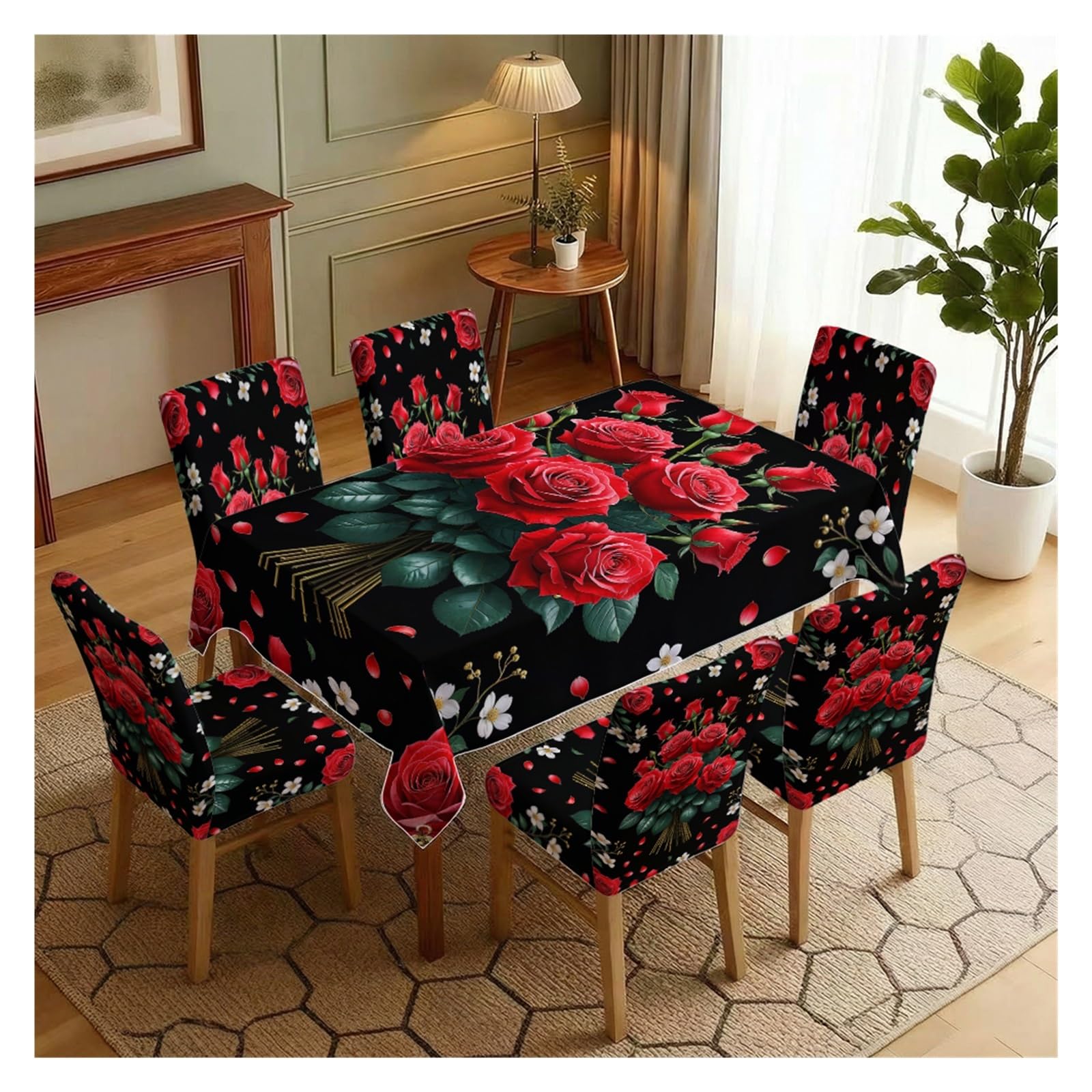 BOSUYBN Stretch Dining Chair Slipcover & Tablecloth Set, Dark Background Red Rose Floral Print, 5/7 Pack, Romantic Vintage Home Dining Decor Table Setting(7pcs Set: Tablecloth+Chair Covers)